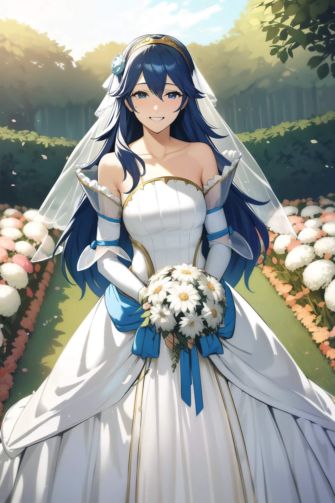 masterpiece, best quality, solo, 1girl brdLucy, tiara, bridal veil, hair flower, white flower, wedding dress, strapless, see-through sleeves, white sleeves, garden, flowers, bouquet, looking at viewer, smile, grin, tears in eyes, cowboy shot