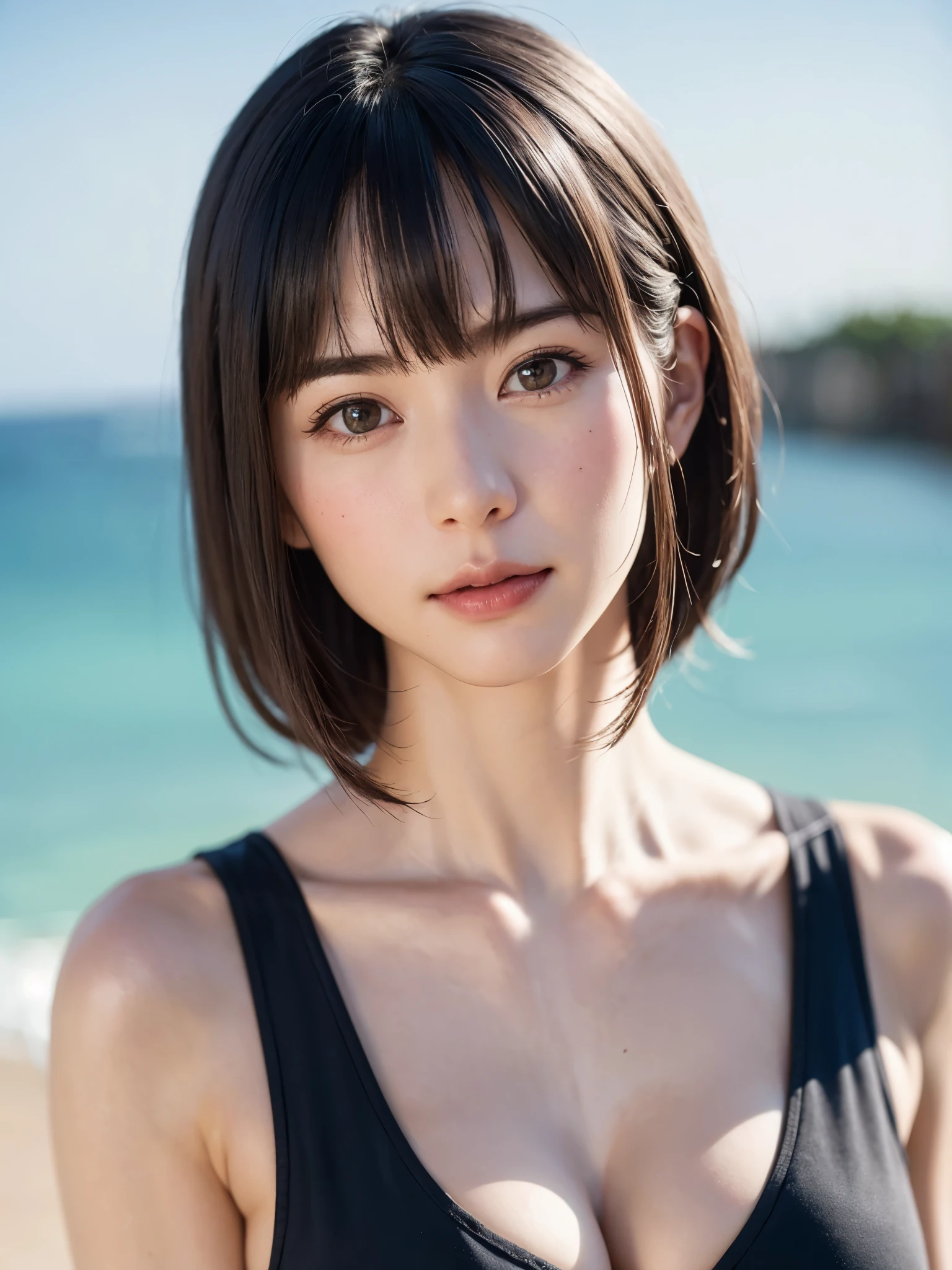 1 girl、highest quality、realistic、alone、Depth of written boundary、natural soft light、daytime、charm、beautiful face、cleanliness、pure face、white skin、cute、short hair、bangs、beach、Light of the sun、Nedium Breast Body Esbian、((セーター黄金比のbeautiful face 対称性のあるbeautiful face))、long neck、show me your ears、bangsのあるきれいな短いボブヘア、smile with your mouth closed、perfect hands指、perfect hands、perfect body、perfect face、shine a light on your eyes、perfect anatomy:1.4、とてもcuteスーパーモデル:1.4、{Huge|big|Hugeな|mega} chest, cleavage