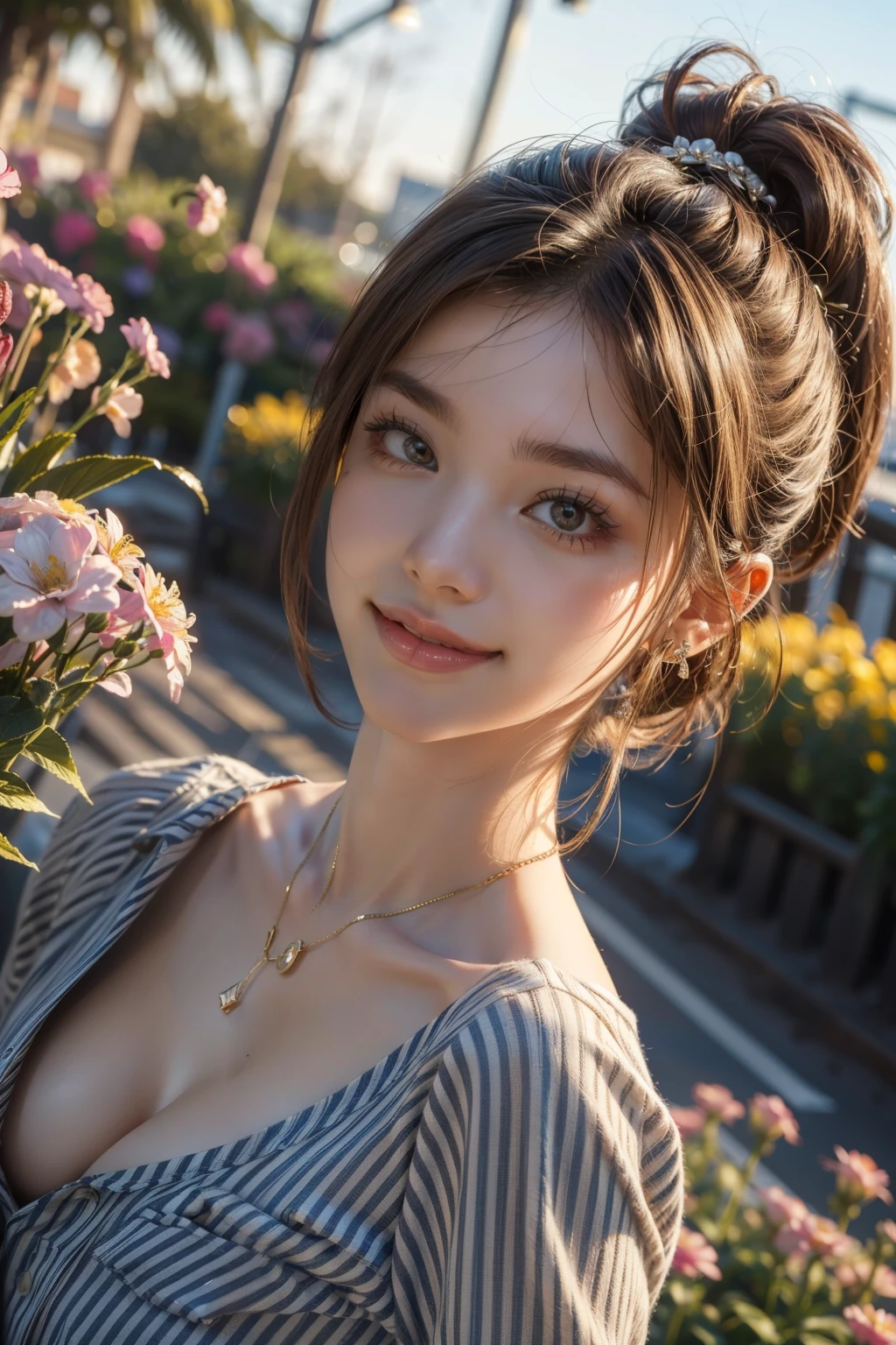 (best quality, 8k,32k,masterpiece, UHD:1.2),extremely detailed CG unity 8k wallpaper,intricate details,Raw photo,(photorealistic:1.4),atmosphere,ultra high res,Realistic,Real,Huge_filesize,incredibly absurdres,(centered:1.3),Ultra illustration,(ultra-detailed),dramatic lighting,various colors,depth of field,art by krenz cushart,golden hour lighting,taken by Canon EOS,SIGMA Art Lens 35mm F1.4,ISO 200 Shutter Speed 2000,blurry background,
BREAK,
1girl,(smile:1.4),slim body,(ponytail:1.4),solo,20-year-old Japanese beautiful woman, (flower garden,lightblue stripe shirt:1.4),(light brown hair:1.5),((brown eyes)),Large breasts,chest, Soft white skin that shines with every detail,pale skin,Very beautiful face,Very well-formed face,Natural and realistic face,Best,beautiful detailed eyes,striking eyes,Eyes drawn in detail, smile with your mouth closed,Detailed mouth,Detailed lips,shiny beautiful lips,Glossy lips,simple earrings,necklace,jewelry, solo focus,low neckline,
BREAK,
Front lighting,kool,Standing,sensual expression, BREAK,
(Dutch angle:1.4),looking at viewer,
BREAK,tzuyu,yui aragaki,