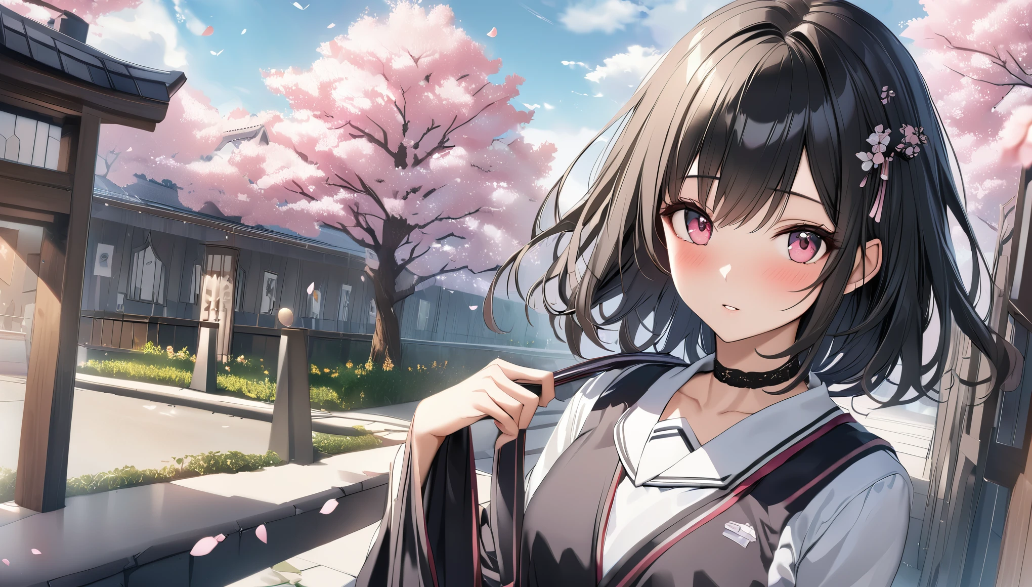 highest quality、highest quality、Super detailed、high resolution、High resolution、HDR、4k、8k、unity 8k wallpaper、Highly detailed CG、masterpiece、real、photorealistic、2D、3D、beautiful details、depth、fine texture、Ultra-fine : 1.3、Fully focused、crispy.ski、.berak、
A very cute anime girl with medium-long black hair wearing a high .、1 girl、solo、cherry blossoms、Entrance ceremony、semi-long black hair、目の下のmole、look at viewer、college uniform、cherry blossoms、Entrance ceremony、school main gate、blush、mole、parted lips、hair ornaments、heart 、pink eyes、choker