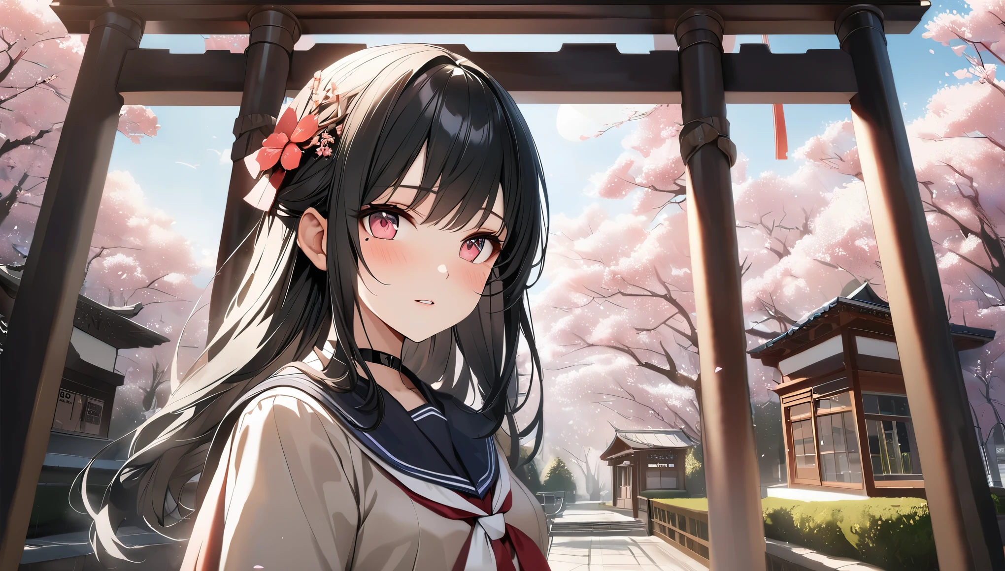 highest quality、highest quality、Super detailed、high resolution、High resolution、HDR、4k、8k、unity 8k wallpaper、Highly detailed CG、masterpiece、real、photorealistic、2D、3D、beautiful details、depth、fine texture、Ultra-fine : 1.3、Fully focused、crispy.ski、.berak、
A very cute anime girl with medium-long black hair wearing a high .、1 girl、solo、cherry blossoms、Entrance ceremony、semi-long black hair、目の下のmole、look at viewer、college uniform、cherry blossoms、Entrance ceremony、school main gate、blush、mole、parted lips、hair ornaments、heart 、pink eyes、choker