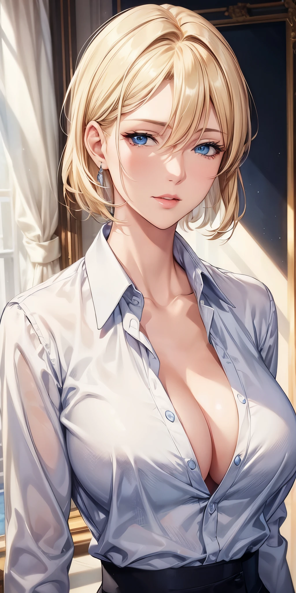 portrait, realistic, Elegant mature woman, blue eyes, blonde, big chest, high resolution cg 8k, beautiful cg, soft light