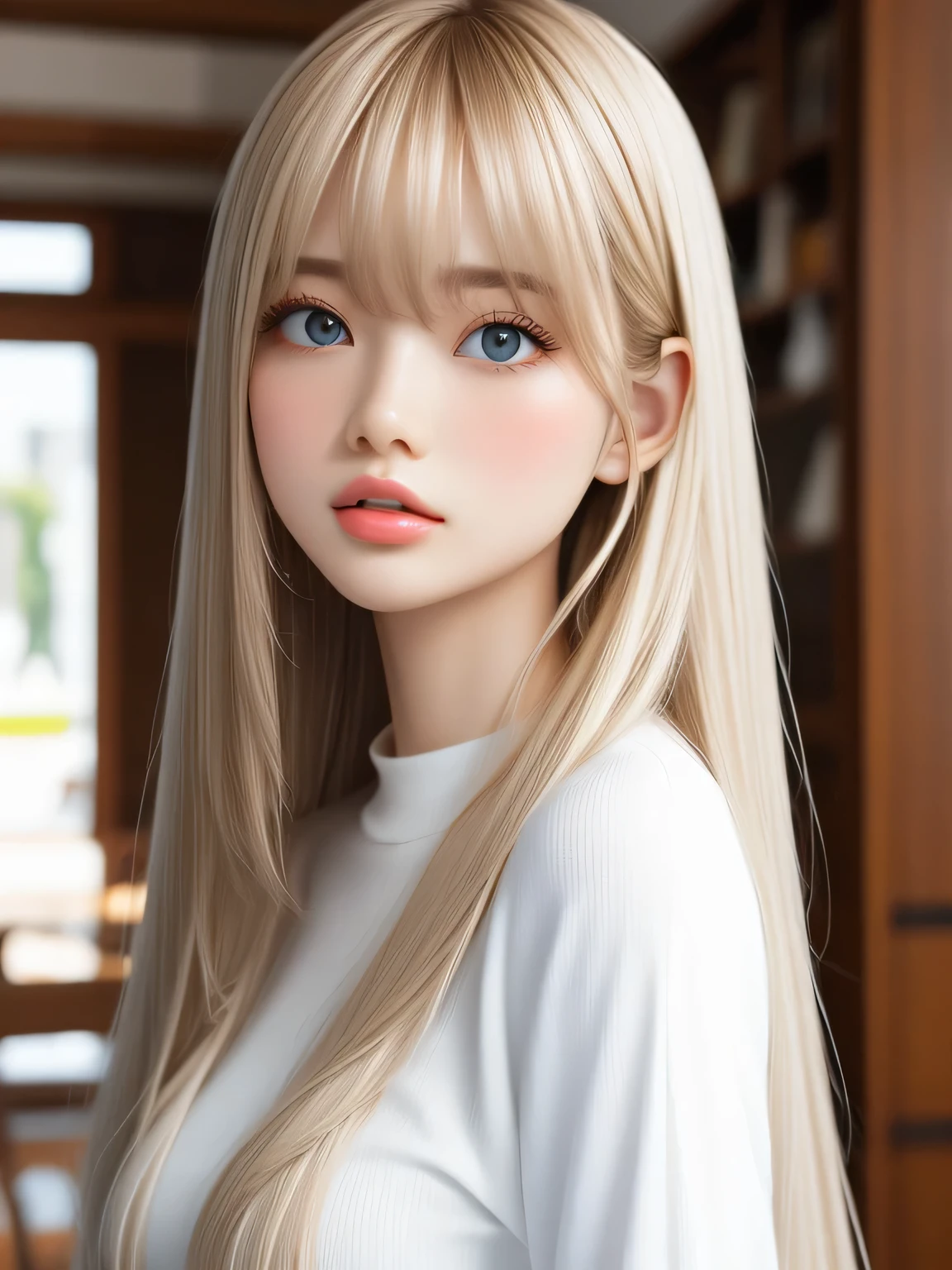 single girl, , blue sky, Bright and beautiful face, Young, white and shiny skin, best beauty, Blonde hair that reflects the light, Beautiful platinum blonde super long silky straight hair、shiny glossy, long bangs, very beautiful , Large eyes that shine in transparent light blue, beautiful amazing beautiful girl