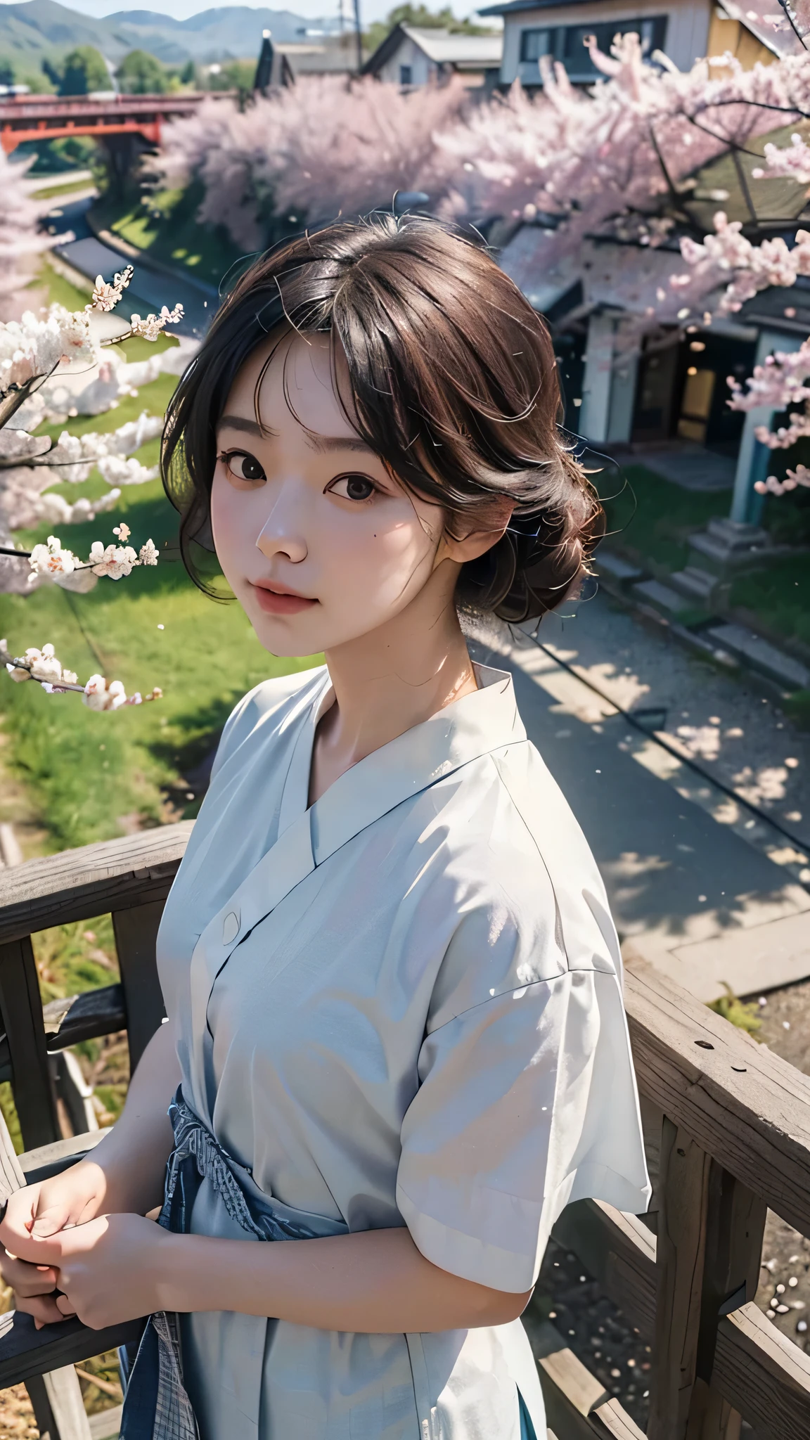 ((masterpiece, highest quality, Highest image quality, High resolution, photorealistic, Raw photo, 8K)), Spring Morning, In a rural Japanese town, students head for the train station along a road lined with cherry blossom trees, (View from above:1.3), 