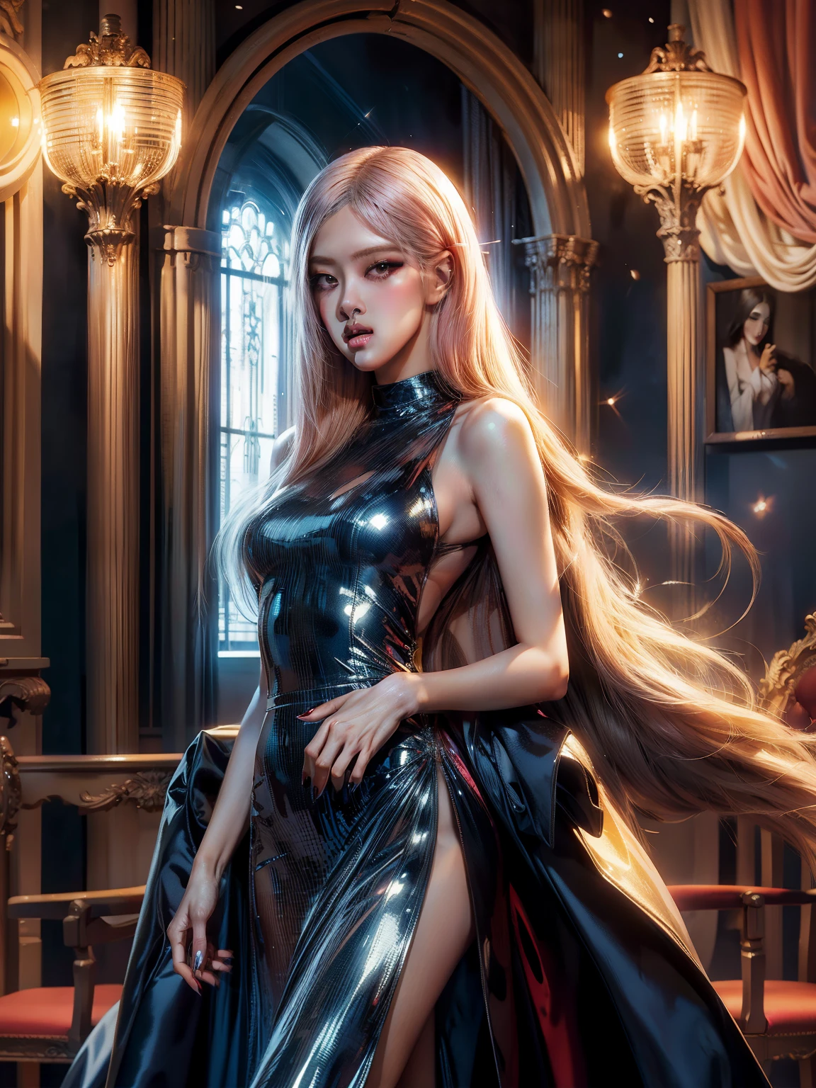Top quality work,Photorealistic works,Ultra Premium Graphics,8K HD CG works,High-quality graphics,High-definition fine CG works,10x pixel,Ultra-fine details:1.1,Advanced technical details:1.1Photographically realistic,Indoor lighting effects:1.5,Natural light:1.5. light effect(Virtual Light Effects:1.8),超A high resolution,Shiny Blue Dress,Long pink hair,Transparent hair,High Detail Hair(Premium Hair Detail:1.1)Clear eyes,Good looking double eyelids,Sharp eye makeup, Delicate makeup for eyelashes, Thin eyebrows, ultradetailed eyes,High Nose, lovely red lips, Rose cheeks, Face with delicate makeup , Pretty Face, A perfectly proportioned face,(Advanced facial details:1.1)Collection of shiny blue luxury dresses,Blue Sequin Dresses,Sequin coat,shiny,Tight long skirt,Summer Sexy Hip Wrap Fishtail Sleeveless Commuter Maxi,Horse Stockings 100%Oil Gloss Panst Gloss Silk Luster 8D Black Silk Woman,stiletto heelitts,Beautiful long dresses,wonderful dress,Bright Red Series,Haute Couture Dresses Collection,Dress Photography,Authentic dress works,In the banquet hall,Women's Artwork,full-body view,Goddess of Dress,Realism,amazing,Today's eyes are bright