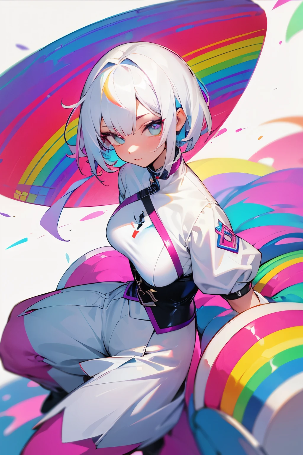 Girl, rainbow, colorful eyes, short white hair, colorful clothes, tempting medium-sized breasts,🌈