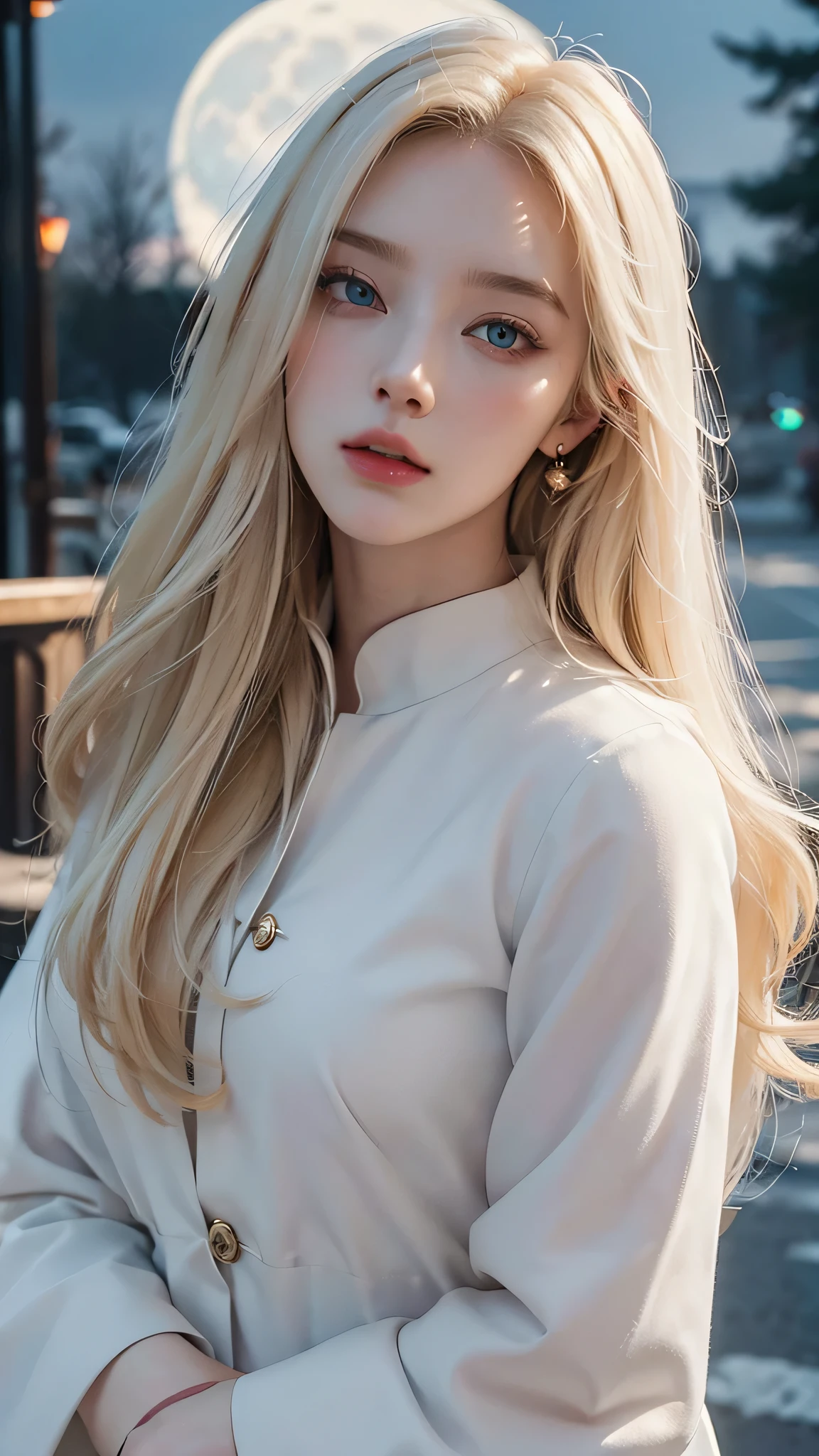 masterpiece, highest quality, (solo focus), (perfect face:1.1), (high detail:1.1), (hyper detailed eyes), dramatic, 1girl, (pale skin), long blonde hair, ethereal eyes, (light eyebrows), solo, long hair, moon, night, white luxury suit, covered nave, pouty lips, fur, proud expression, detailed background, , cinematic lighting, roses, fashion, 