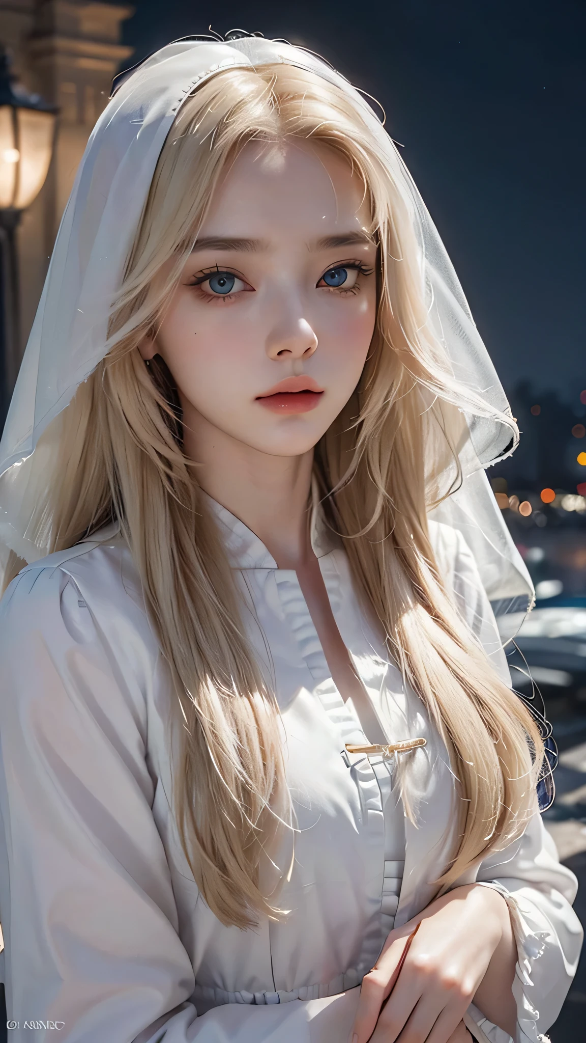 masterpiece, highest quality, (solo focus), (perfect face:1.1), (high detail:1.1), (hyper detailed eyes), dramatic, 1girl, (pale skin), long blonde hair, ethereal eyes, (light eyebrows), solo, long hair, moon, night, white luxury suit, covered nave, pouty lips, fur, proud expression, detailed background, , cinematic lighting, roses, fashion,