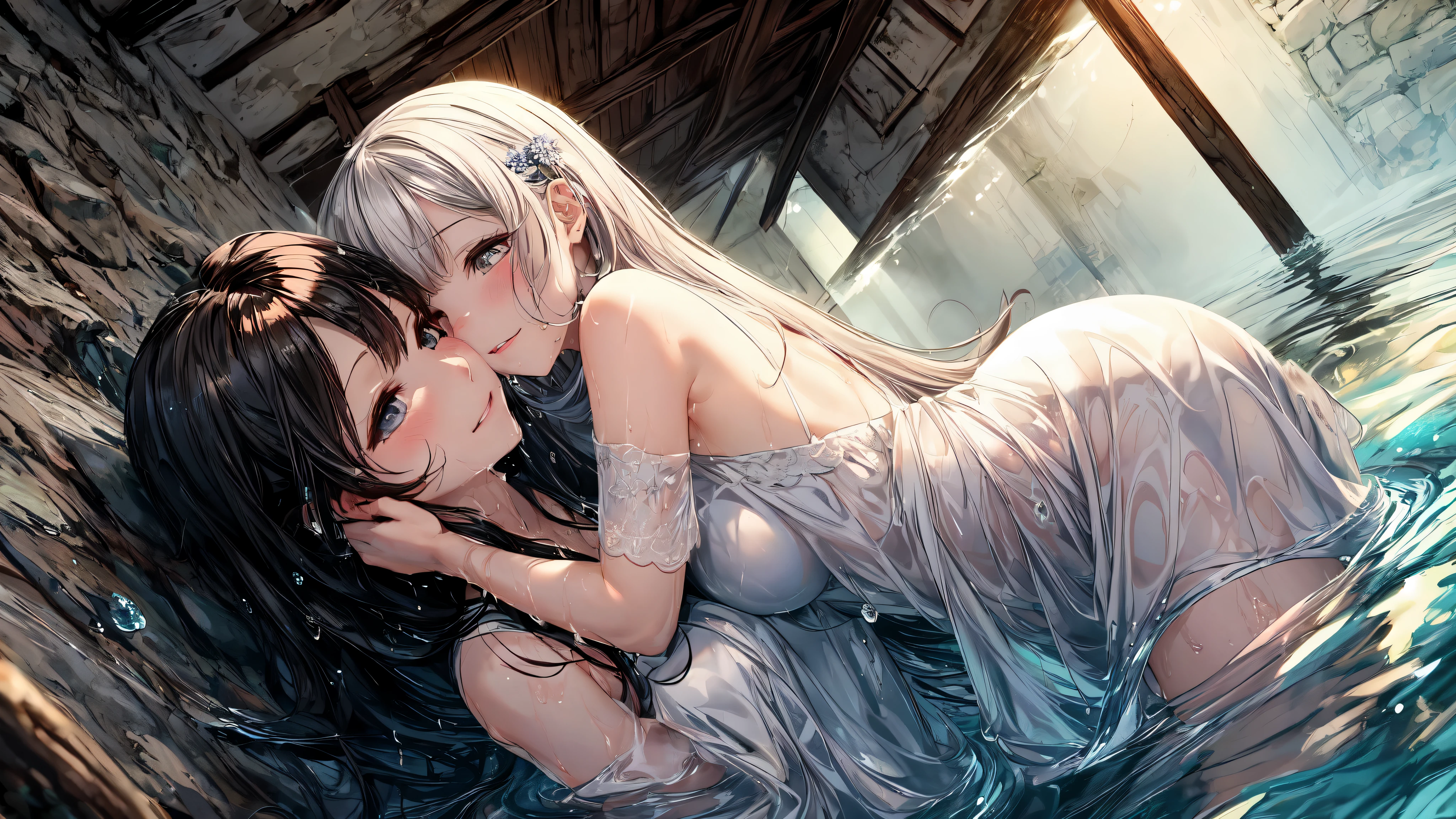 hyper quality, high resolution, intricate details, panorama, dutch angle, (2 little girls) wearing (white and black silk dress), silk texture dress, (white dress and black dress:1.15), (very large dress, best silk texture, best Wrinkles on dress), (yuri, lesbian), (deep kiss, hug:1.25), full body, Beautiful eyes, (Partial submerse:1.1),Partial dress in water, (Water sprayed, water column:1.1) (wet, very wet dress, wet body, wet long hair, wet sleeve, wet silk dress, wet skin:1.1), (Transparent mucus wrapping, water drop), submerse in water, Poignant and beautiful, Smile in despair, smile in sadness, closed mouth, (beautiful and detailed water:1.1), (dark dungeon, dark and damp water dungeon, enclosed space:1.15), (Cement walls), dark light, light source, (atmosphere of despair:1.15), (Water mist), inspired by the flower house Yiding's manga painting, Pixiv competition winner, ukiyo-e, ukiyo-e art style, ukiyo-e style, Japanese art style, Japanese illustrator,