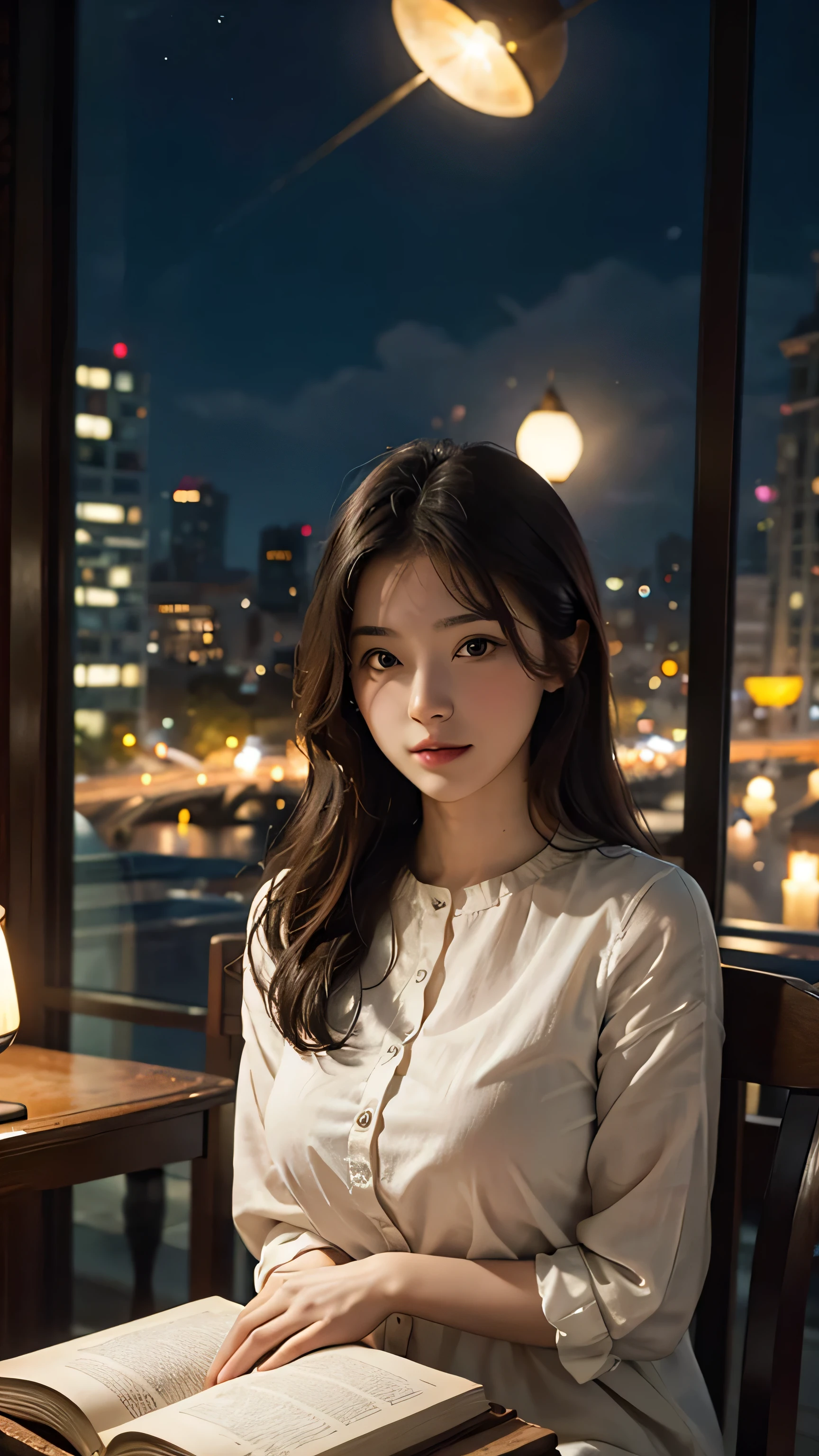 Two hands holding an open book, out of the book came out a planet shaped like a lamp, city background with people, blurred background, realistic image.