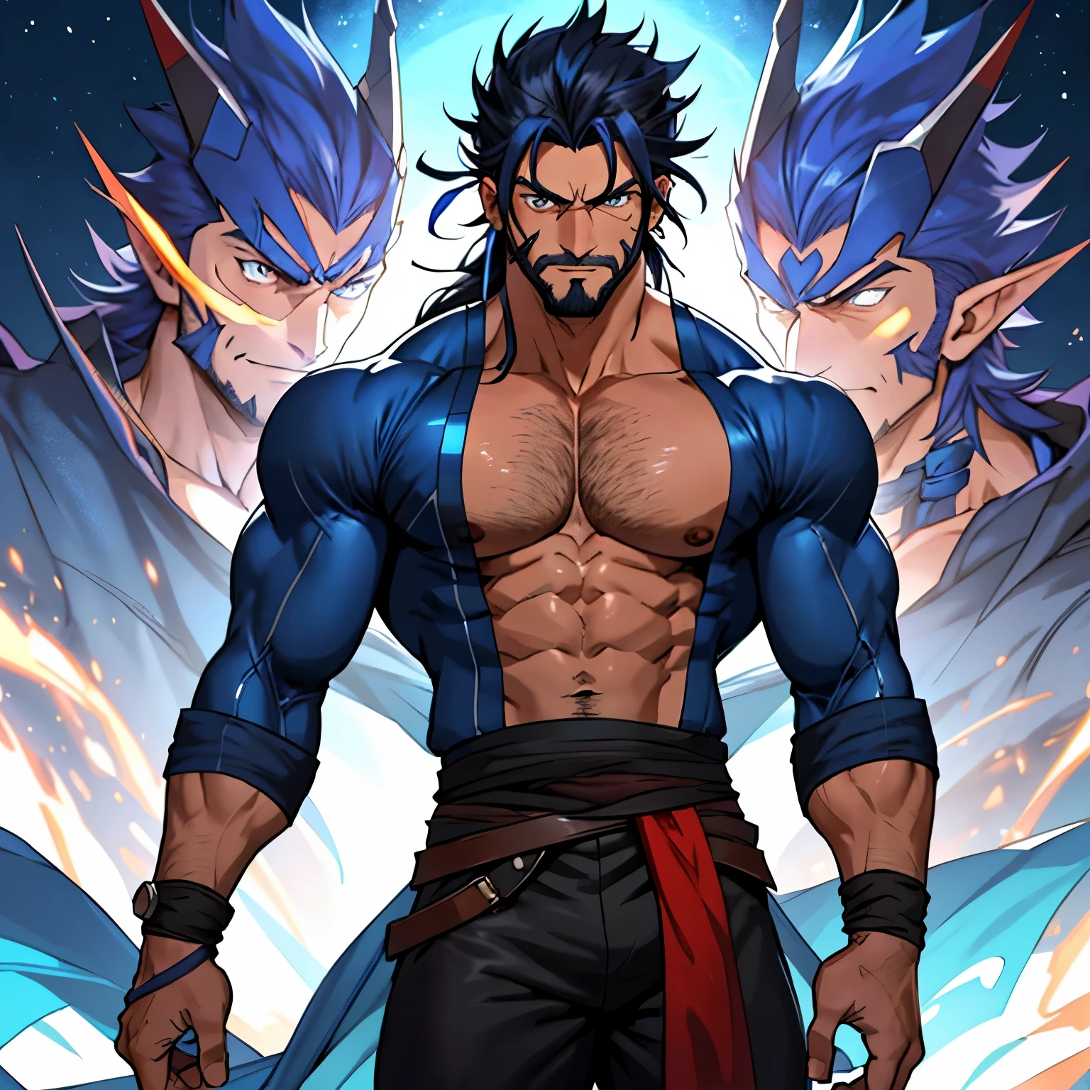 Gajeel Redfox, the muscular and matured male dragon slayer of the Fairy Tail guild, stands before an empty landscapesce. His thick eyebrows furrowed as he focuses intently on something unseen, his shaggy hair covering his stubble-covered face. His clothes are disheveled, revealing a defined beard that frames his chiseled jawline. His piercing, hyperdetailed eyes glint in the dim light, the irises a deep, captivating blue. All of his back hair is visible in the hyper-detailed depiction, stark against the darkness. mouth slightly open, emitting a slight soft smile.

Gajeel's chest is