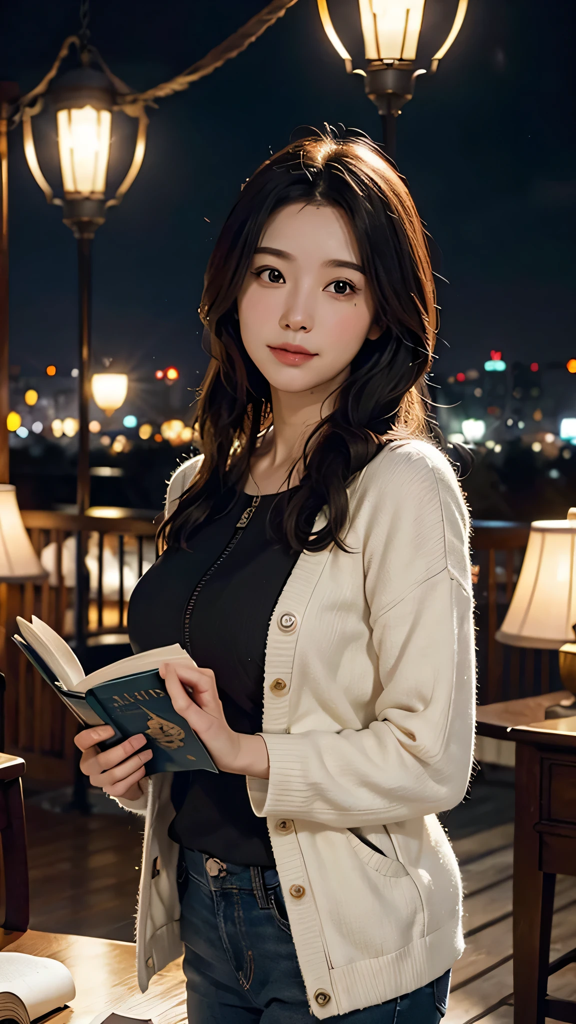 Two hands holding an open book, out of the book came out a planet shaped like a lamp, city background with people, blurred background, realistic image.