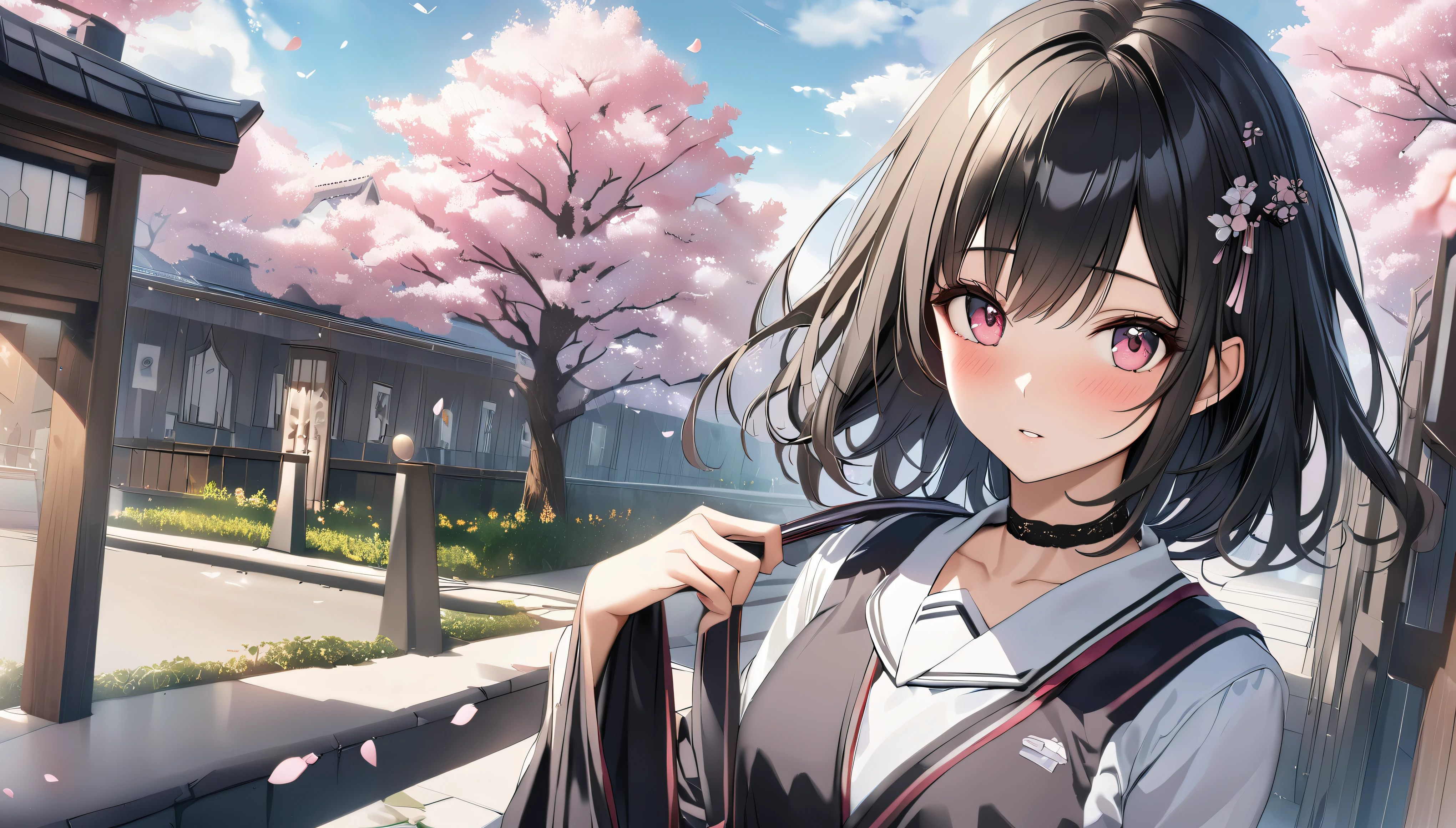 highest quality、highest quality、Super detailed、high resolution、High resolution、HDR、4k、8k、unity 8k wallpaper、Highly detailed CG、masterpiece、real、photorealistic、2D、3D、beautiful details、depth、fine texture、Ultra-fine : 1.3、Fully focused、crispy.ski、.berak、
A very cute anime girl with medium-long black hair wearing a high .、1 girl、solo、cherry blossoms、Entrance ceremony、semi-long black hair、Mole under the eyes、look at viewer、college uniform、cherry blossoms、Entrance ceremony、school main gate、blush、mole、parted lips、hair ornaments、heart 、pink eyes、choker