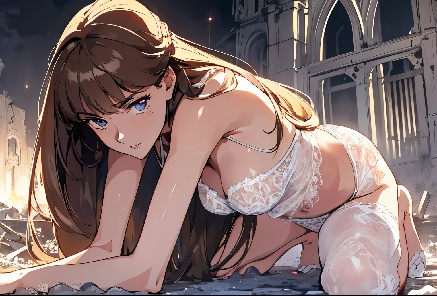 From side,Night ,looking up,Relena Peacecraft,kneeling ,all fours,crawling ,hip up,,brown Long hair, girl on top,hair all on eyes,glaring ,realistic white lace panties,realistic white lace bra,,black eyes,big eyes,beautiful face,,zitome ,disgust,in the ruins,battle field background,masterpiece ,8k unity wallpaper,anime key visual,highest quality, High resolution, unity 8k wallpaper, (shape:0.8), highly detailed face,highly detailed eye,glowing eyes , shiny skin,fine skin,white skin,dense skin,detailed hair,highly detailed legs,perfect lighting, Detailed CG, (perfect hands, perfect anatomy),High resolution,anime key visual,Kyoto Animation,(Detailed wear ),slender limbs, delicate curves, dainty hands, tiny feet,