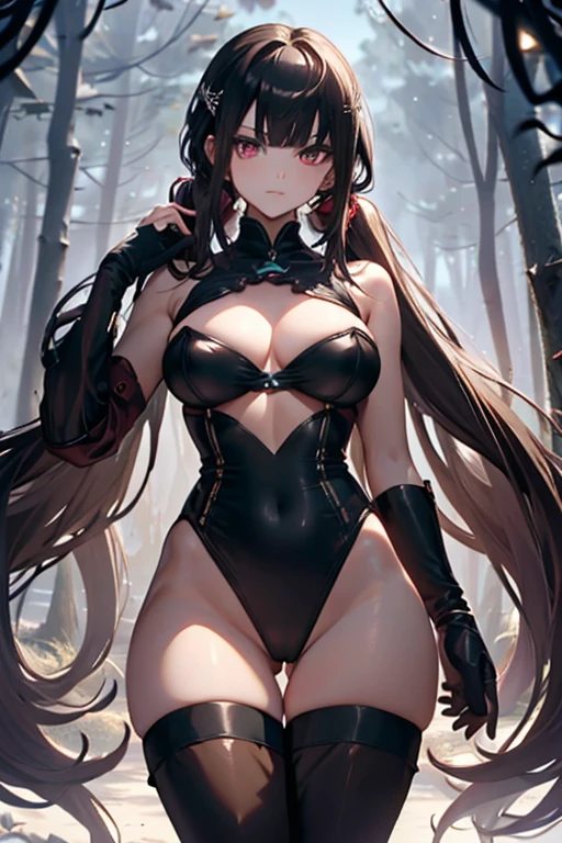 (masterpiece, highest quality), Beautiful woman, wizard bikini armor, gloves, thigh high boots, wavy hair, asymmetrical bangs, perfect face, beautiful face, attractive, big and gorgeous eyes, Severe, perfect slim fit body, mysterious forest, excellent lighting, bright colors
