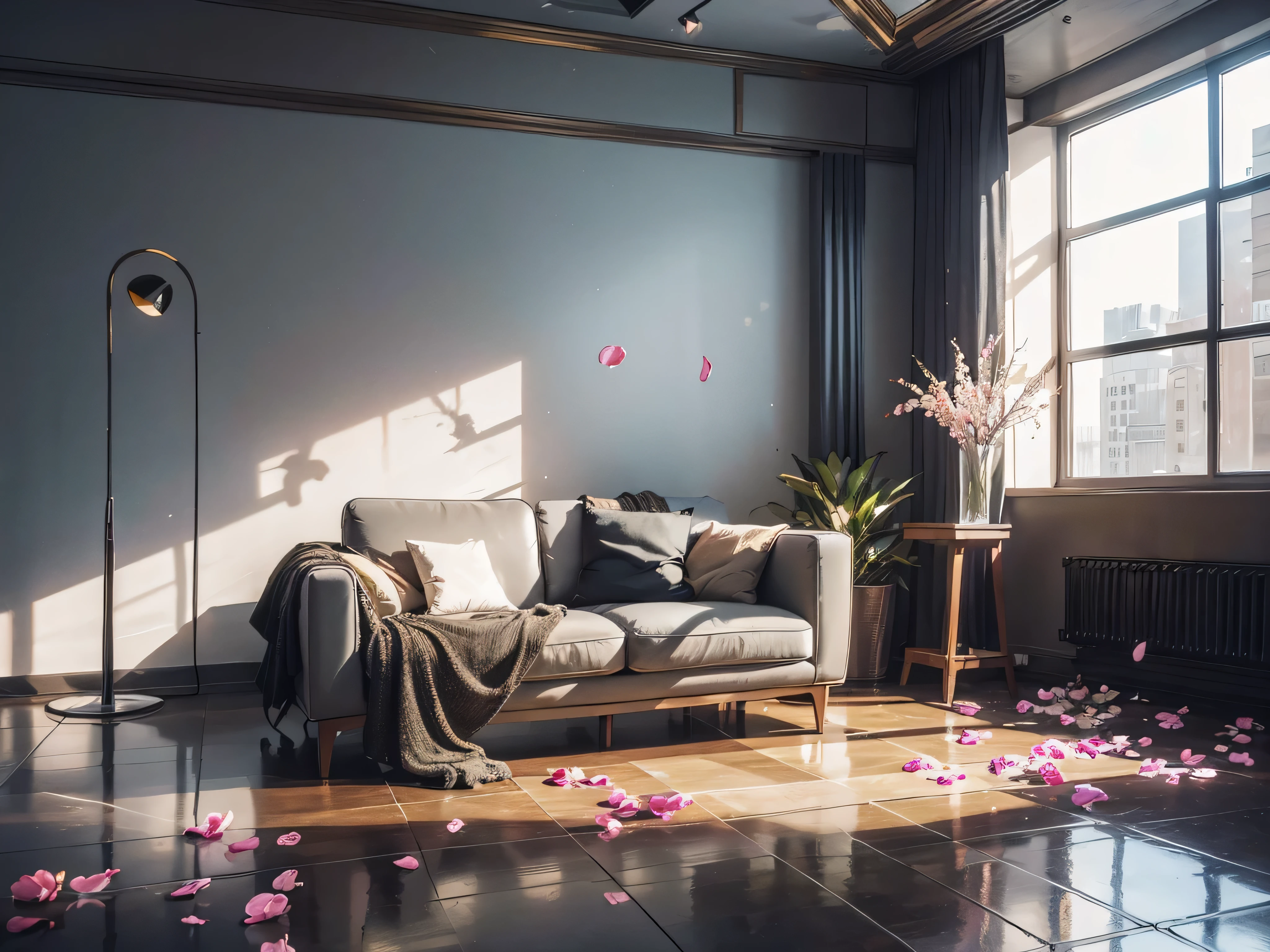 A modern and spaceous living room, marvel floor, flowers and petals on the floor randomly ambience, realistic details, daylight,