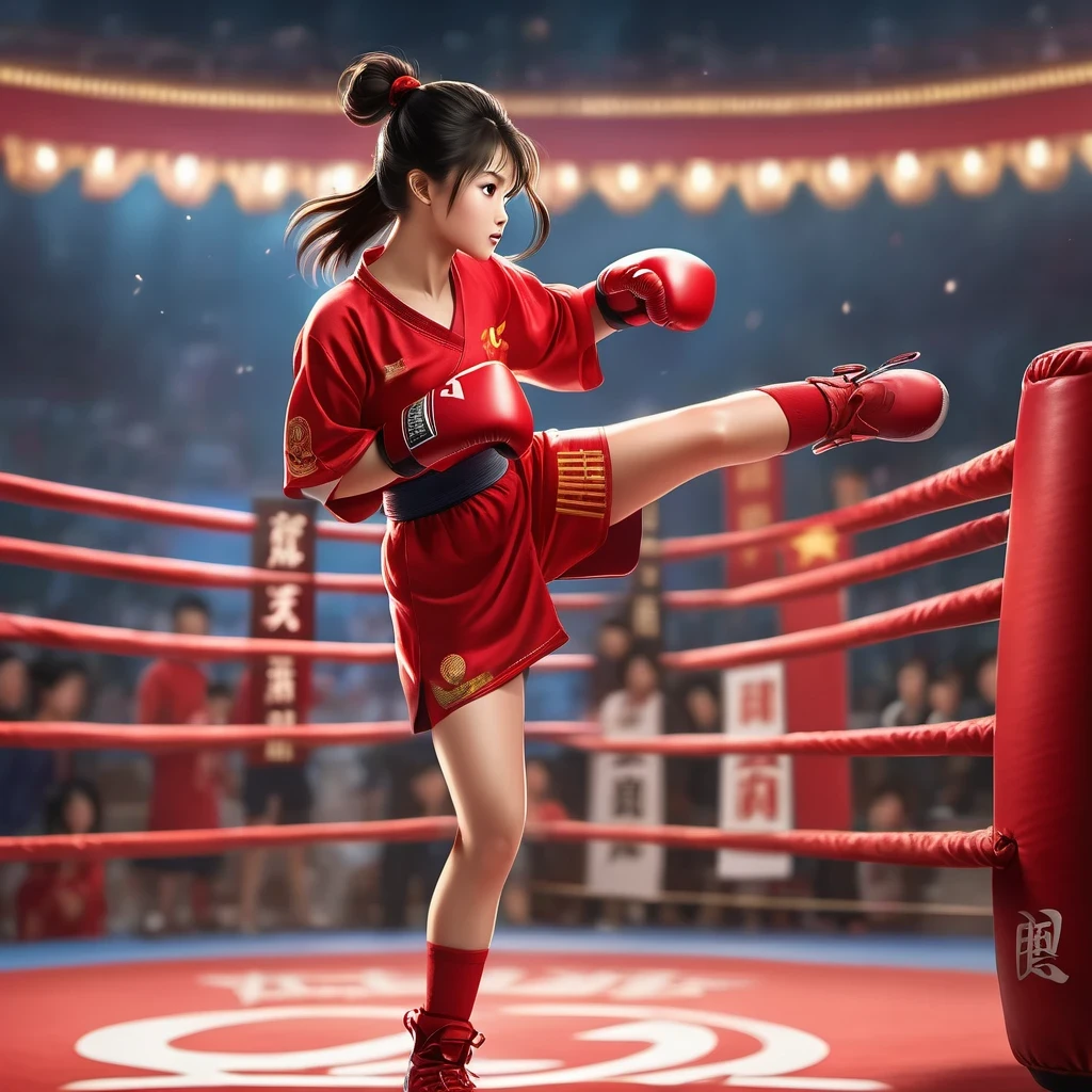 Chinese girl in red blouse in sparring match, (letters "china" on jersey: 0.85), dynamic kicking action, chinese movie poster, stoic expression, sparring match action, background: boxing ring podium championship trophy,...
Animation, Studio Ghibli, Detailed Illustrations, Official Art, Cavalli Style, 32k, Night, HD Wallpaper, Selective Focus, Documentary Style,