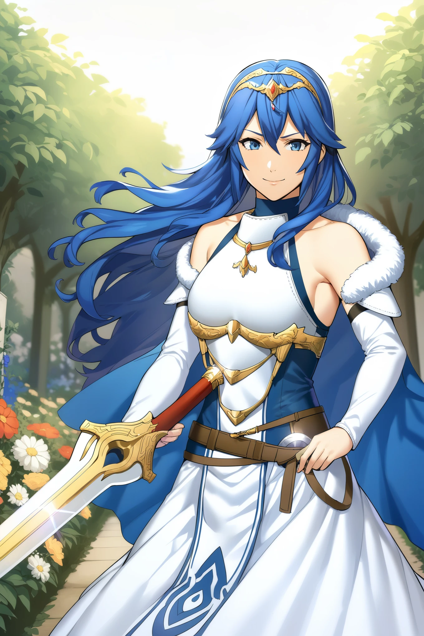 masterpiece, best quality, solo, 1girl exLucy, tiara, blue cape, fur trim, white dress, belt, detached sleeves, garden, holding sword, falchion \(fire emblem\), looking at viewer, smile, furrowed brow