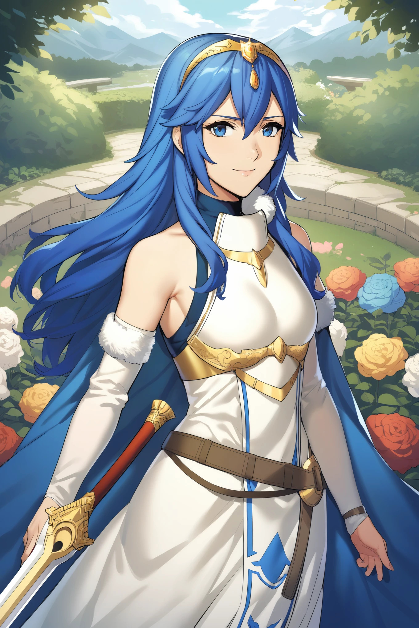 masterpiece, best quality, solo, 1girl exLucy, tiara, blue cape, fur trim, white dress, belt, detached sleeves, garden, holding sword, falchion \(fire emblem\), looking at viewer, smile, furrowed brow