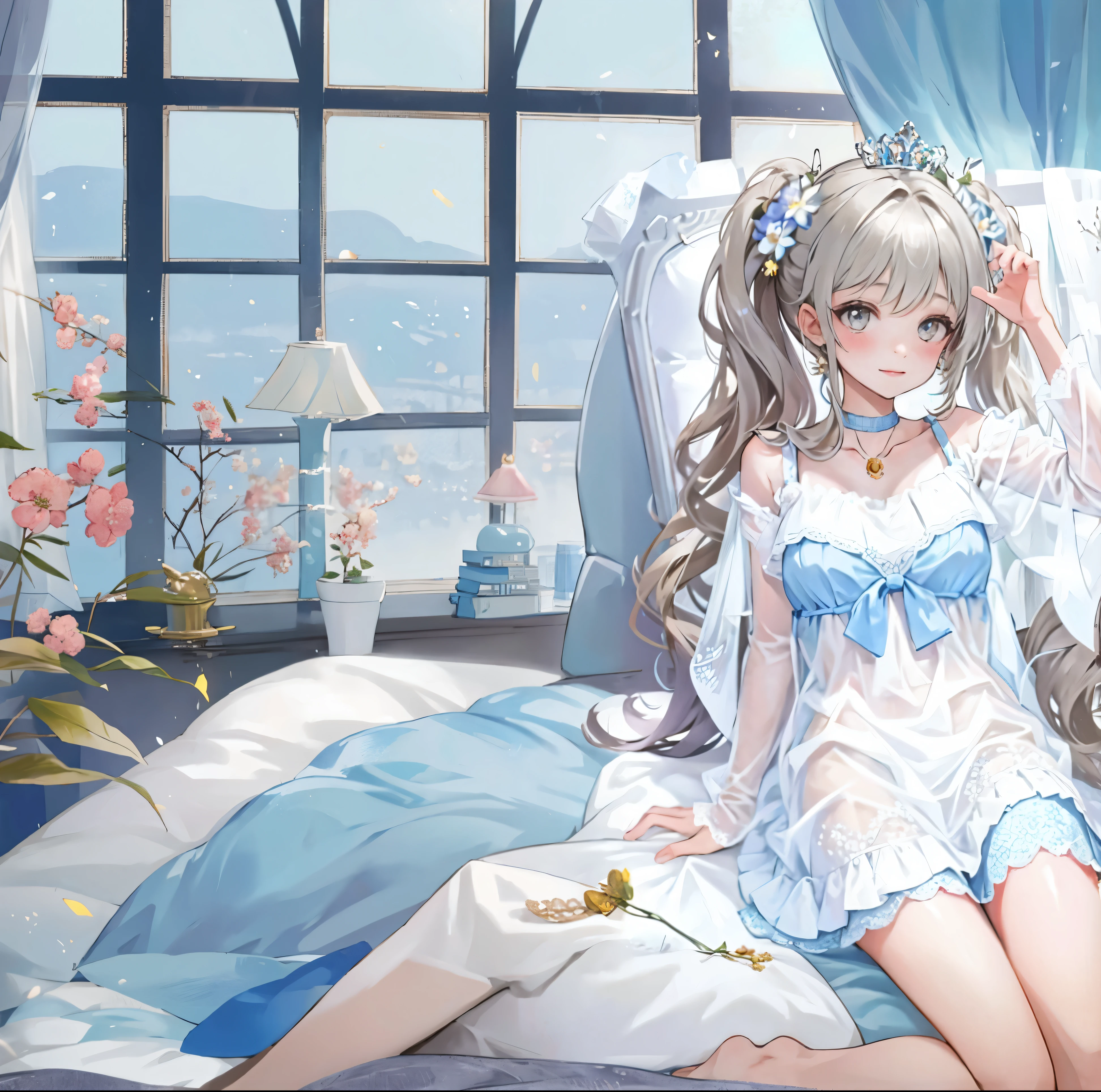 Sitting in a princess style bedroom, blue and white tones.