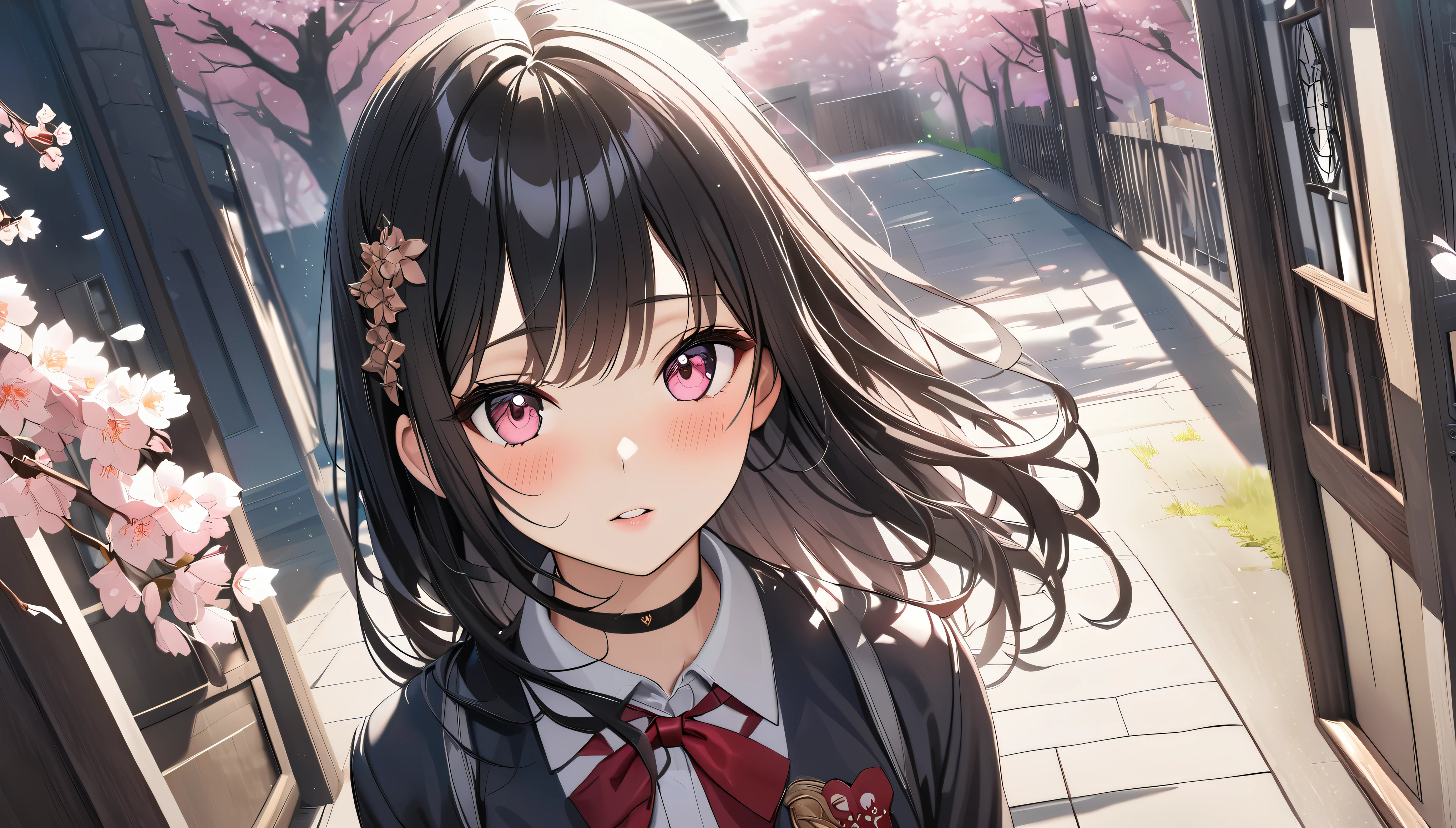 highest quality、highest quality、Super detailed、high resolution、High resolution、HDR、4k、8k、unity 8k wallpaper、Highly detailed CG、masterpiece、real、photorealistic、2D、3D、beautiful details、depth、fine texture、Ultra-fine : 1.3、Fully focused、crispy.ski、.berak、
A very cute anime girl with medium-long black hair wearing a high .、1 girl、solo、cherry blossoms、Entrance ceremony、semi-long black hair、Mole under the eyes、look at viewer、college uniform、cherry blossoms、Entrance ceremony、school main gate、blush、mole、parted lips、hair ornaments、heart 、pink eyes、choker