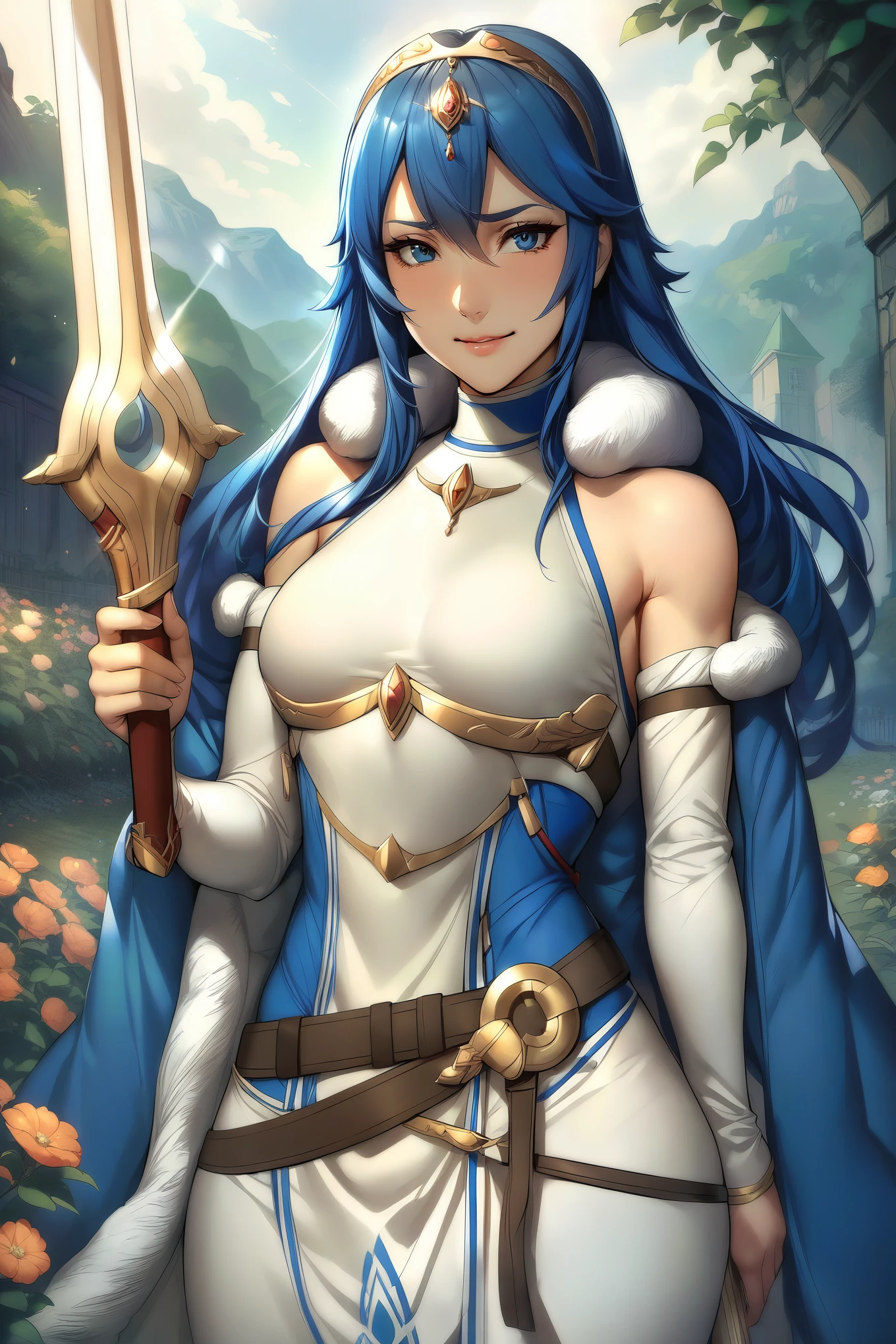 masterpiece, best quality, solo, 1girl exLucy, tiara, blue cape, fur trim, white dress, belt, detached sleeves, garden, holding sword, falchion \(fire emblem\), looking at viewer, smile, furrowed brow