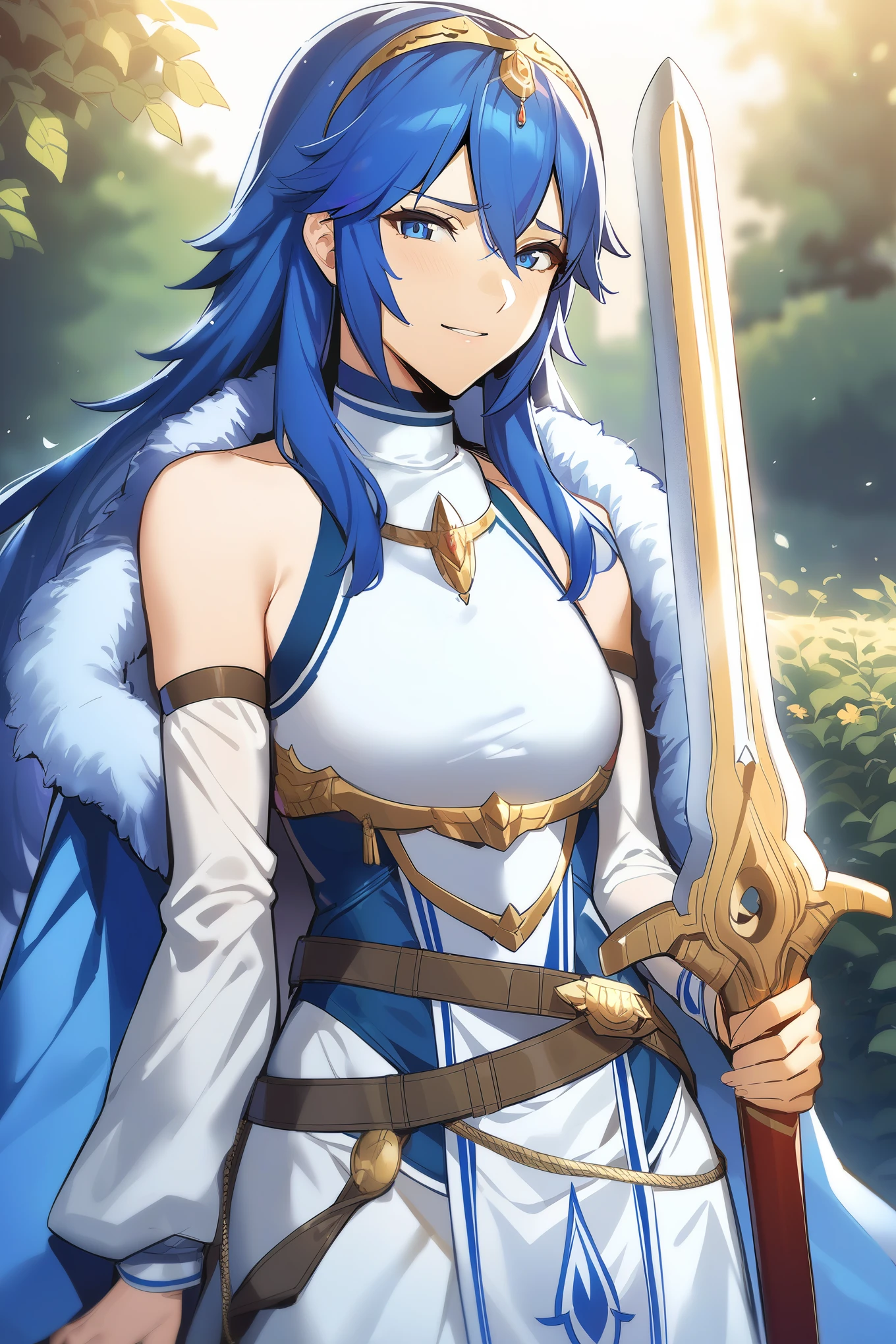 masterpiece, best quality, solo, 1girl exLucy, tiara, blue cape, fur trim, white dress, belt, detached sleeves, garden, holding sword, falchion \(fire emblem\), looking at viewer, smile, furrowed brow