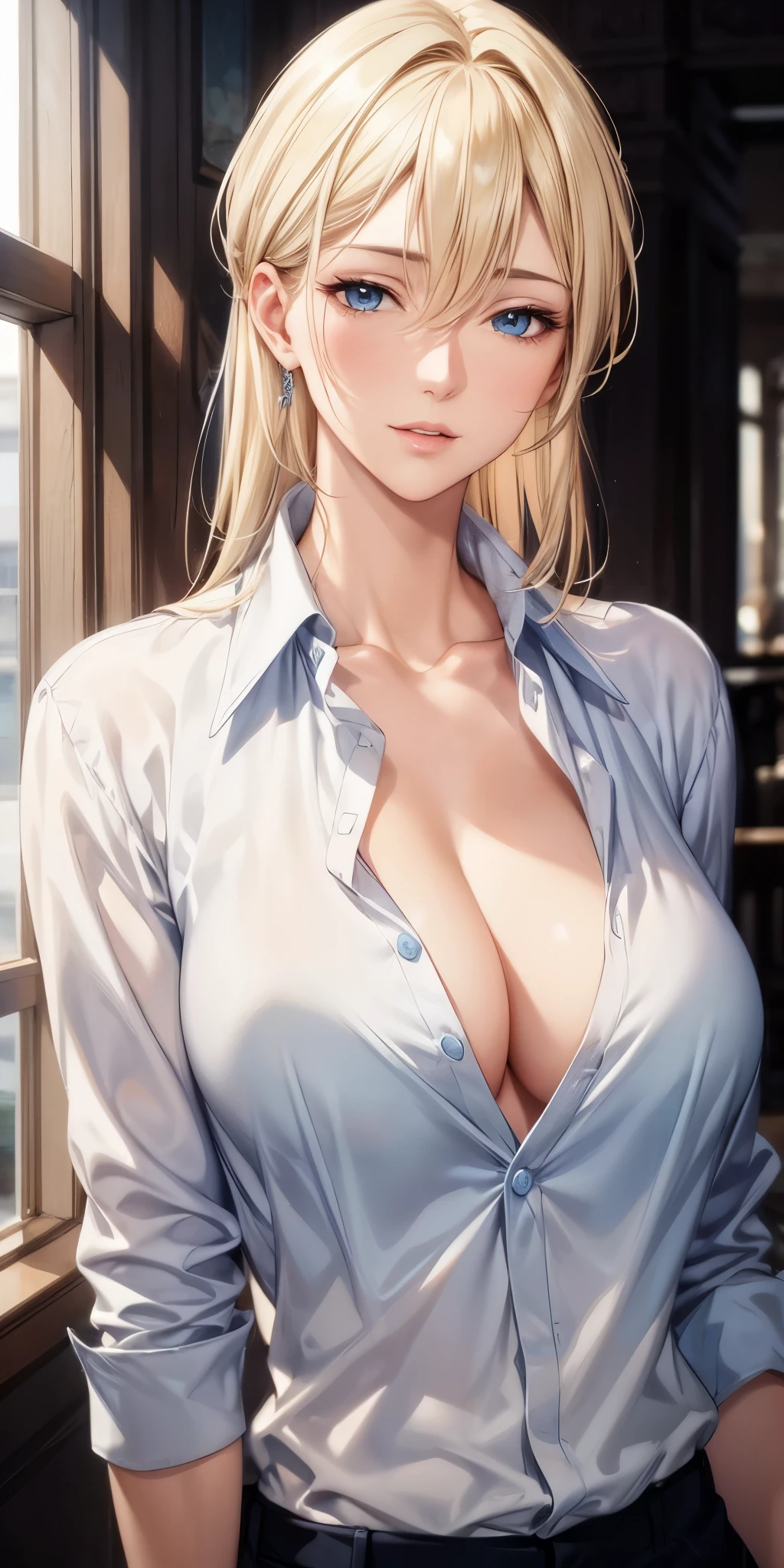 portrait, realistic, Elegant mature woman, blue eyes, blonde, big chest, high resolution cg 8k, beautiful cg, soft light