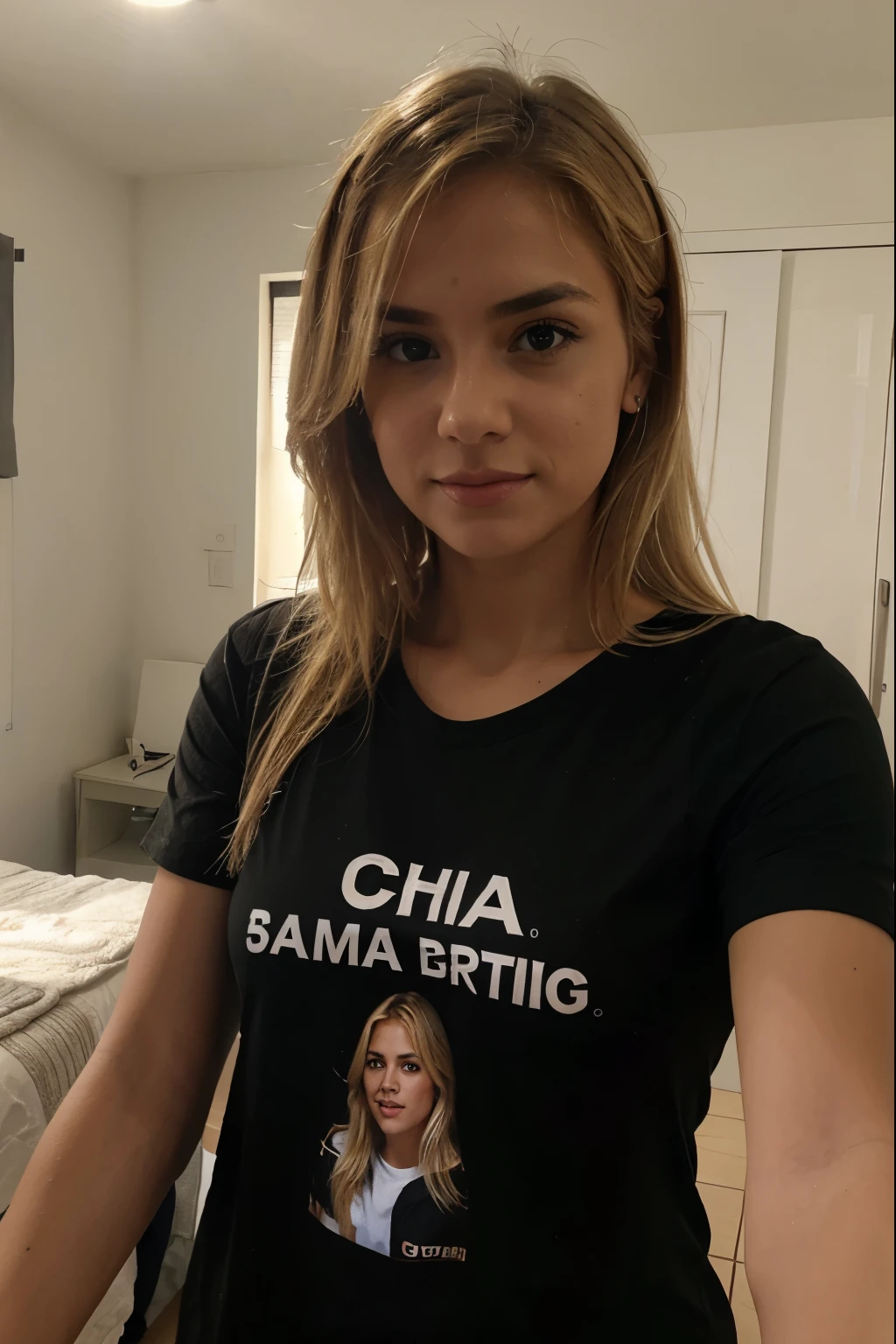 chica rubia sacando selfie con camiseta negra