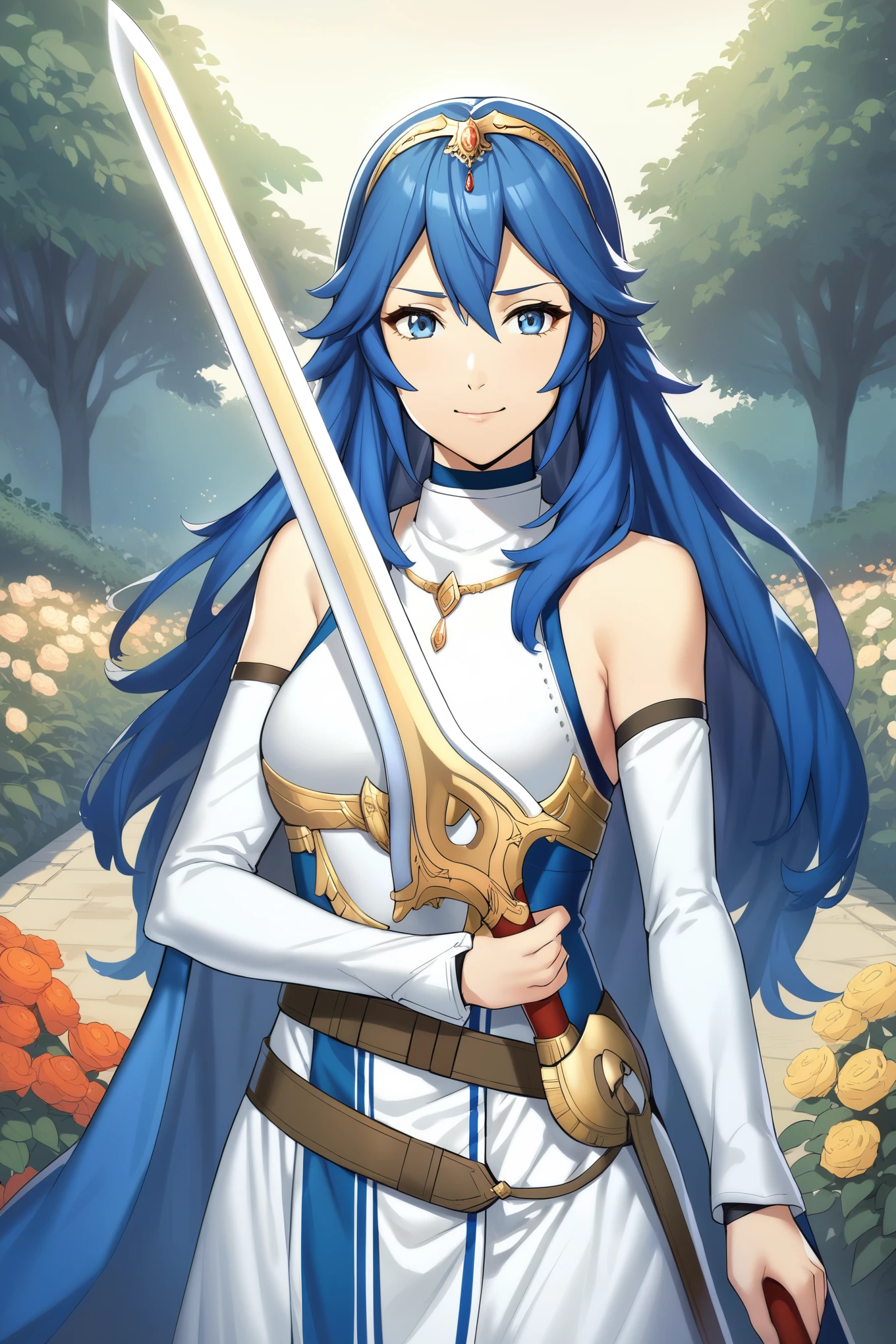 masterpiece, best quality, solo, 1girl exLucy, tiara, blue cape, fur trim, white dress, belt, detached sleeves, garden, holding sword, falchion \(fire emblem\), looking at viewer, smile, furrowed brow