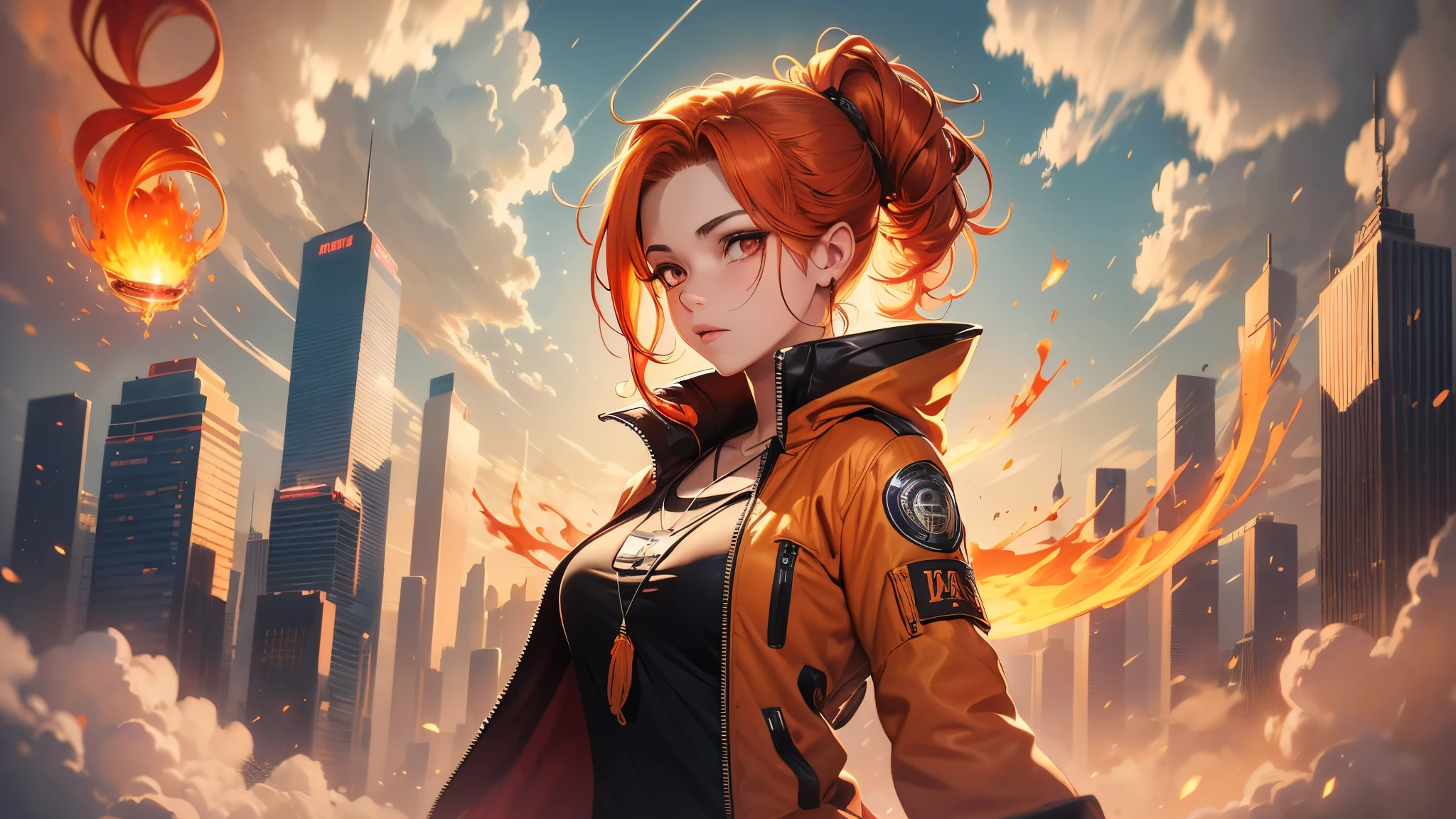 a 16 years old girl, (blonde hair gradient orange hair end:1.4), (streaked bright red hair:1.6), split long ponytail, hair strand, floating hair, (two huge red bells tied to ponytail), (Illusion red eyes), pupils sparkling, aqua eyes, ((glowing eyes)), like real eyes, orange red eyebrows, red lips, red crystal earrings, red envelope jacket, Red nails, (Red katana), (((floating flame on katana))), (absurdly super huge flame burning ring stand upright floating on the back:1.5), (((Floating in the sky of the city))), (((Floating on the clouds))), Random pose, magic circle halo, ((Hand holding orange flame)), burning flame around the body, Focus on face, Futurism, anime, sparkle, ray tracing, reflection light, god rays, backlighting, (glowing light), Ultra-Wide Angle, chiaroscuro, UHD, masterpiece, super detail, best quality, highres, ccurate, retina
