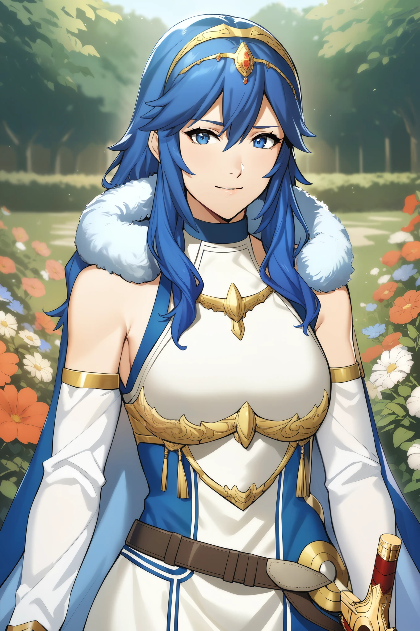 masterpiece, best quality, solo, 1girl exLucy, tiara, blue cape, fur trim, white dress, belt, detached sleeves, garden, holding sword, falchion \(fire emblem\), looking at viewer, smile, furrowed brow