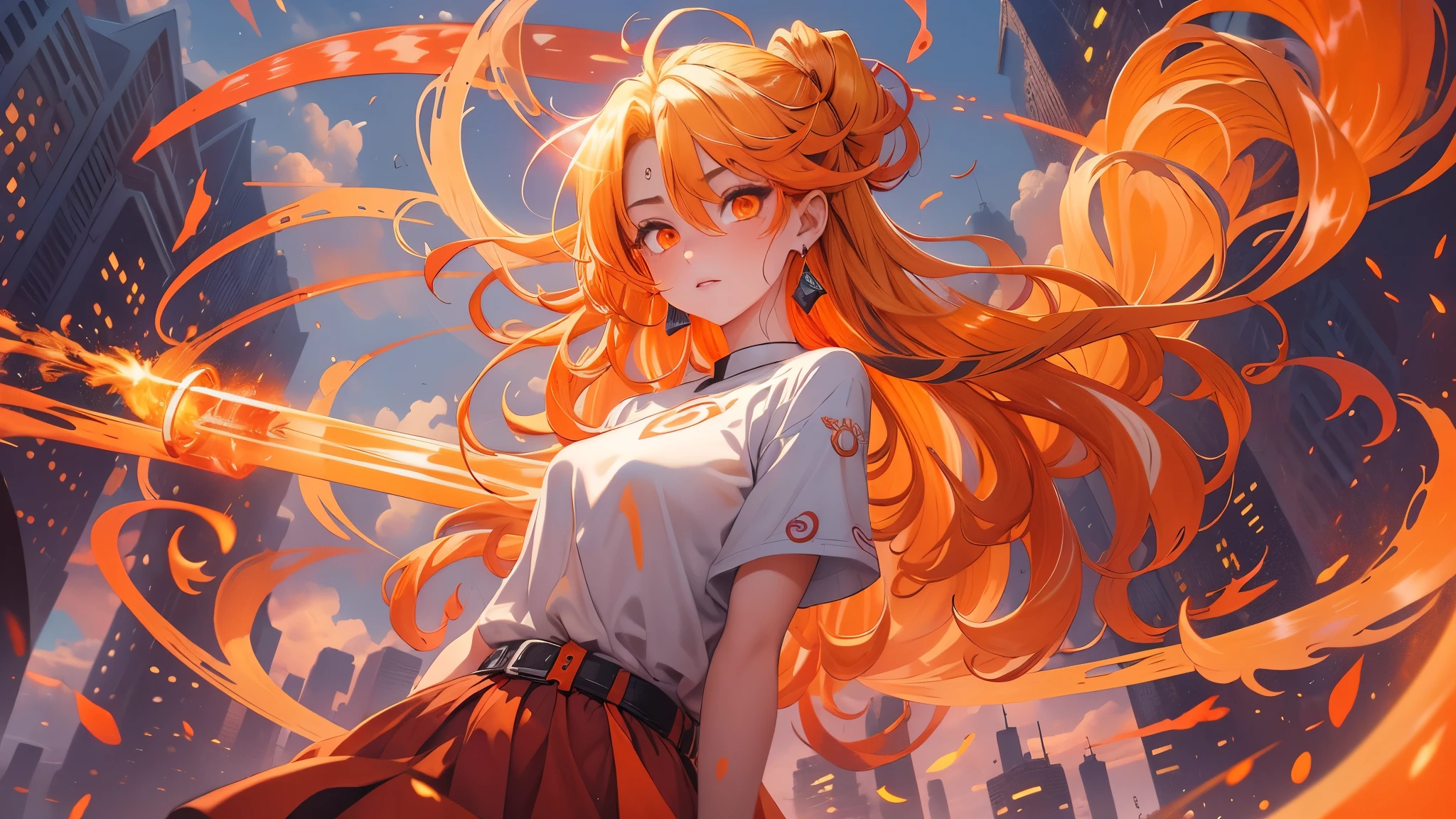 a 16 years old girl, (blonde hair gradient orange hair end:1.4), (streaked bright red hair:1.6), split long ponytail, hair strand, floating hair, (two huge red bells tied to ponytail), (Illusion red eyes), pupils sparkling, aqua eyes, ((glowing eyes)), like real eyes, orange red eyebrows, red lips, red crystal earrings, red envelope jacket, Red nails, (Red katana), (((floating flame on katana))), (absurdly super huge flame burning ring stand upright floating on the back:1.5), (((Floating in the sky of the city))), (((Floating on the clouds))), Random pose, magic circle halo, ((Hand holding orange flame)), burning flame around the body, Focus on face, Futurism, anime, sparkle, ray tracing, reflection light, god rays, backlighting, (glowing light), Ultra-Wide Angle, chiaroscuro, UHD, masterpiece, super detail, best quality, highres, ccurate, retina