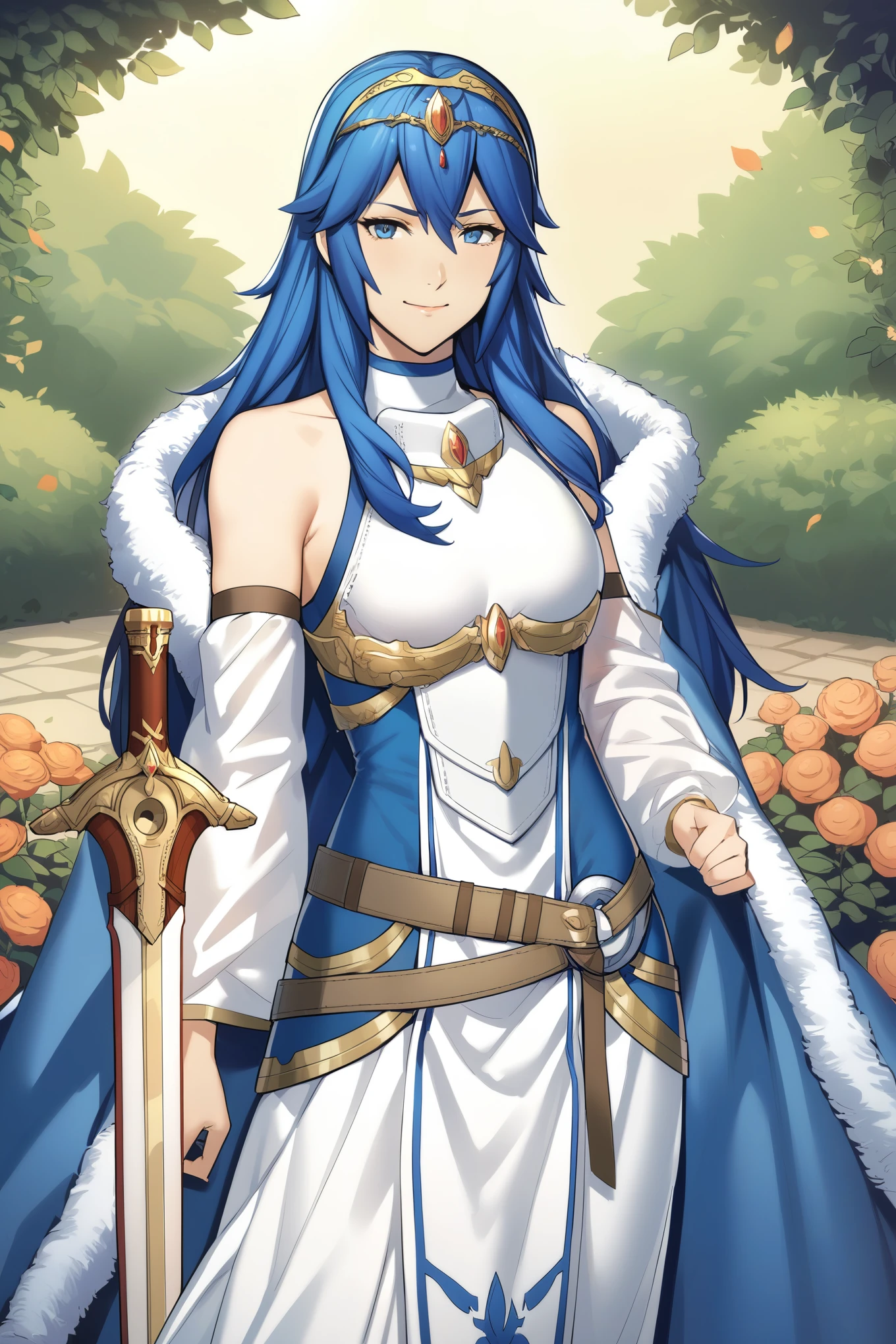 masterpiece, best quality, solo, 1girl exLucy, tiara, blue cape, fur trim, white dress, belt, detached sleeves, garden, holding sword, falchion \(fire emblem\), looking at viewer, smile, furrowed brow