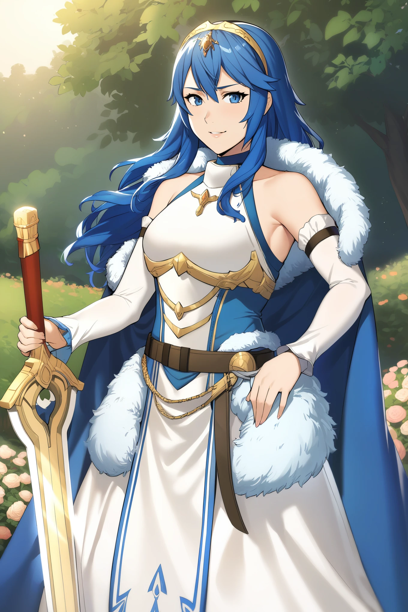 masterpiece, best quality, solo, 1girl exLucy, tiara, blue cape, fur trim, white dress, belt, detached sleeves, garden, holding sword, falchion \(fire emblem\), looking at viewer, smile, furrowed brow