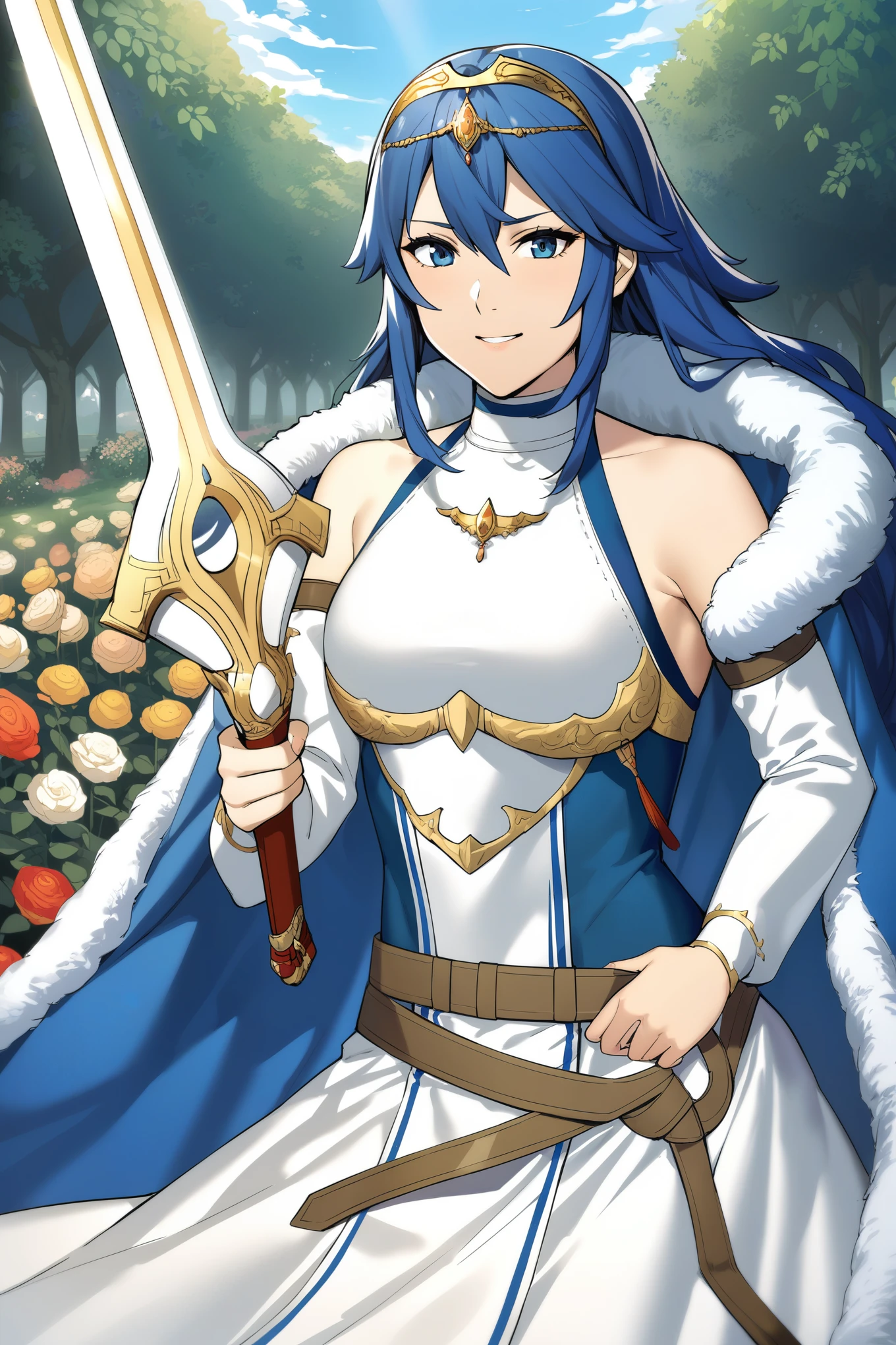 masterpiece, best quality, solo, 1girl exLucy, tiara, blue cape, fur trim, white dress, belt, detached sleeves, garden, holding sword, falchion \(fire emblem\), looking at viewer, smile, furrowed brow