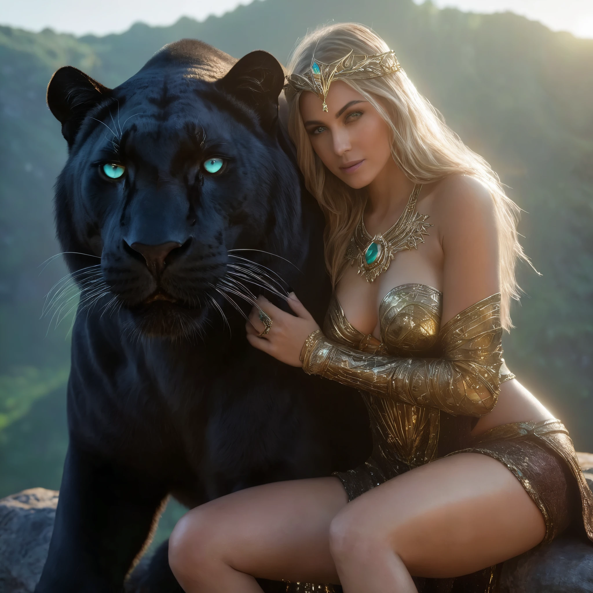 (Beautiful druid elf girl 1.3) hugging a big black panther (extremely detailed CG unity 8k wallpaper, masterpiece, best quality, ultra-detailed, beautiful detailed bright eyes:1.2), best illumination, (best shadow, an extremely delicate and beautiful, bloom, iridescent), masterpiece, best quality:1.1, realistic:1.3, cinematic lighting:1.2, on a sunray cliff:1.5, ultra photoreal, photorealistic:1.0, sharp focus:1.1, depth of field:1.1, 50mm, Hasselblad X1D II, Porta 160