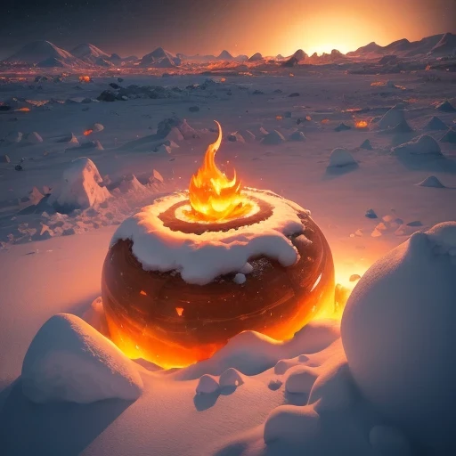 Saturn Landforms,Tilt-shift telephoto,Halogen Giant Snail God Rectangular Stone Jadeite Bright Orange Field,AD 6910,Ka Odyssey,Fire shines on ice and snow in the middle of the night,Unreal Engine,cyberpunk apocalypse,science fiction stereogram,digital 3d,CG art
