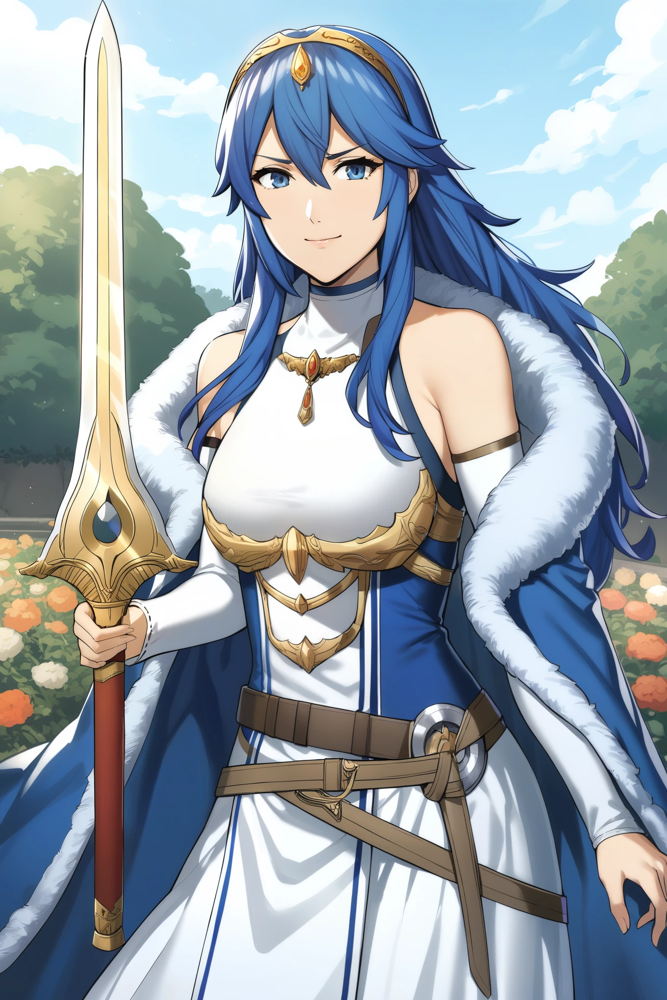 masterpiece, best quality, solo, 1girl exLucy, tiara, blue cape, fur trim, white dress, belt, detached sleeves, garden, holding sword, falchion \(fire emblem\), looking at viewer, smile, furrowed brow