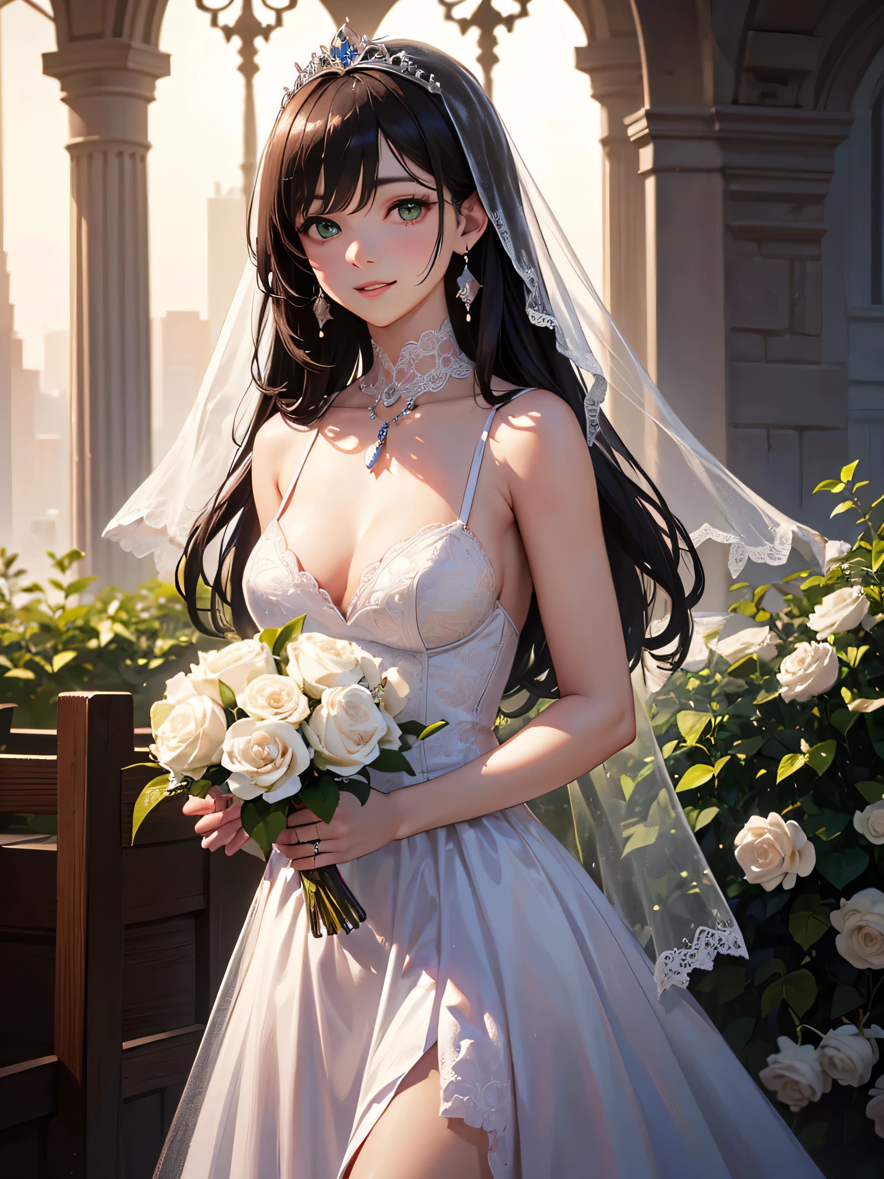 ((8K、masterpiece、Raw photo、live action、最high quality、Super realistic:1.2))、(最high quality: 1.2)、High-definition RAW color photo、professional photography、beautiful woman、alone、Small eyes and mouth、(flat chest)、(beautiful wedding dress:1.3)、nice veil、wonderful tiara、Charmsmile、tight waist、erotic、intricate details、(beautiful flowers and plants、and the sky behind:1.2)、beautiful lighting、detailed mouth、rough skin、Super detailed、high detail、high quality、High resolution、whole bodyエスビアン、beautiful hair、、fancy lighting、laugh happily、wonderful、disordered posture, (very delicate and beautiful work), (masterpiece), 1 girl, Girl in a wedding dress with a tiara on her head, In front of the church, veil, race, Throwing a bouquet, High resolution, that'ridiculous, Charm expression, smile, beautiful clear eyes, green eyes, delicate neckrace, delicate earrings, whole body, various poses, simple background blur, Super detailed description, beautiful, Charm, Ultra-fine painting, delicate face, delicate figure, thin clavicle, nice lips, beautiful, soft back, mix 4, (8K, Raw photo, 最high quality), masterpiece: 1.2), (realistic, photorealistic: 1.37), cute, professional lighting, photon mapping, radio city, Physically based rendering