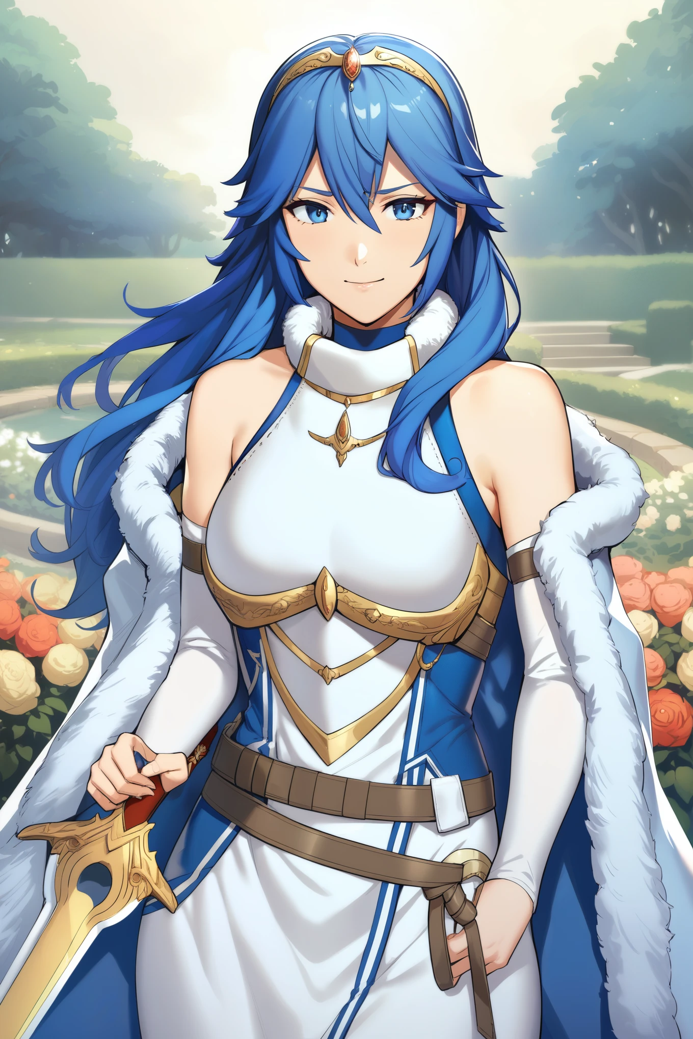 masterpiece, best quality, solo, 1girl exLucy, tiara, blue cape, fur trim, white dress, belt, detached sleeves, garden, holding sword, falchion \(fire emblem\), looking at viewer, smile, furrowed brow