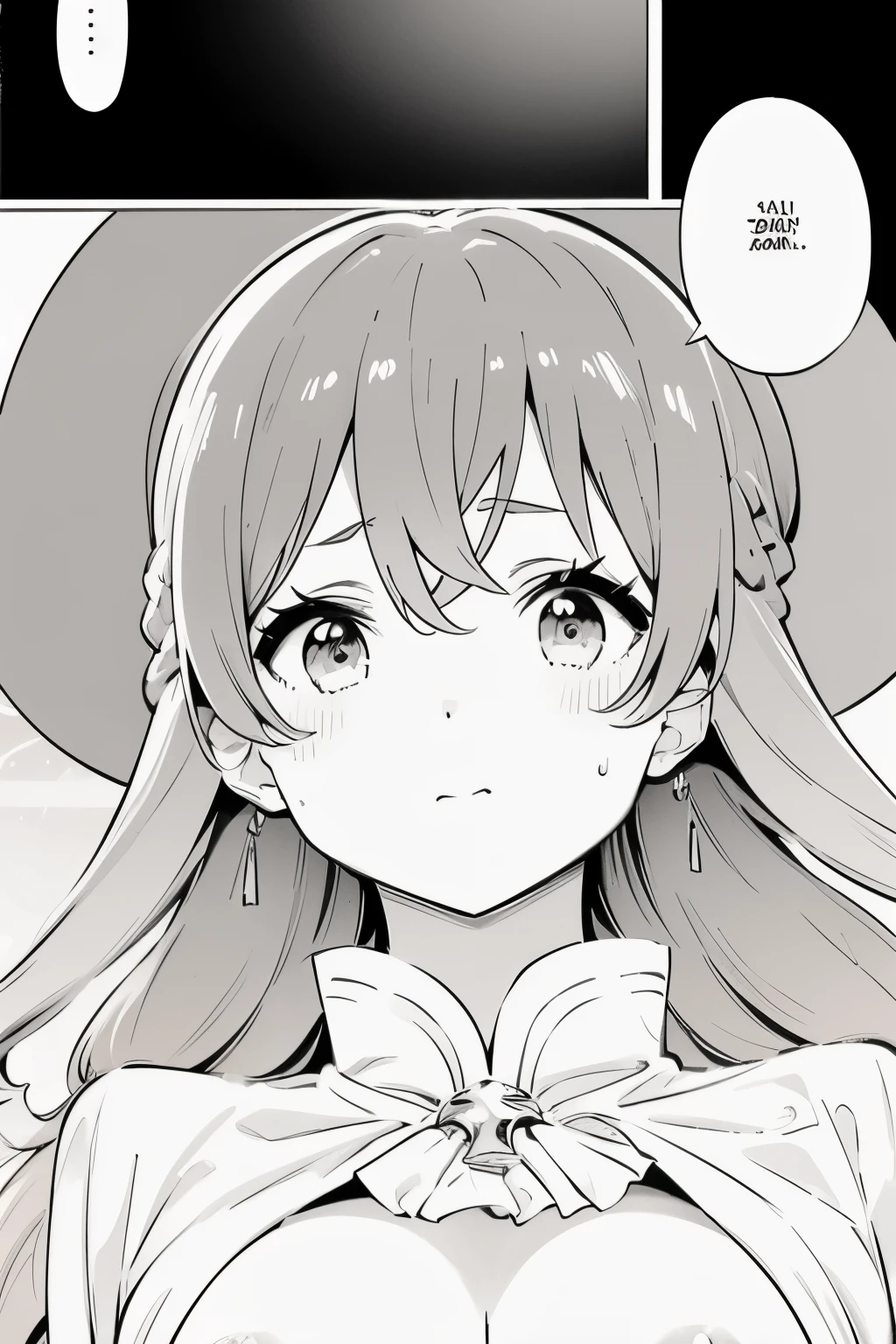 very Huge tits, nipples, gray hair, long hair, ((nude)), cleavage, manga, hat, closed mouth, upperbody, clear background, neval,