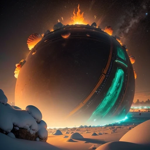 Saturn Landforms,Tilt-shift telephoto,Halogen Giant Snail God Rectangular Stone Jadeite Bright Orange Field,AD 6910,Ka Odyssey,Fire shines on ice and snow in the middle of the night,Unreal Engine,cyberpunk apocalypse,science fiction stereogram,digital 3d,CG art