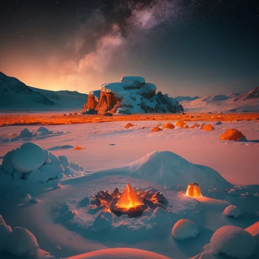 Saturn Landforms,Tilt-shift telephoto,Halogen Giant Snail God Rectangular Stone Jadeite Bright Orange Field,AD 6910,Ka Odyssey,Fire shines on ice and snow in the middle of the night,Unreal Engine,cyberpunk apocalypse,science fiction stereogram,digital 3d,CG art