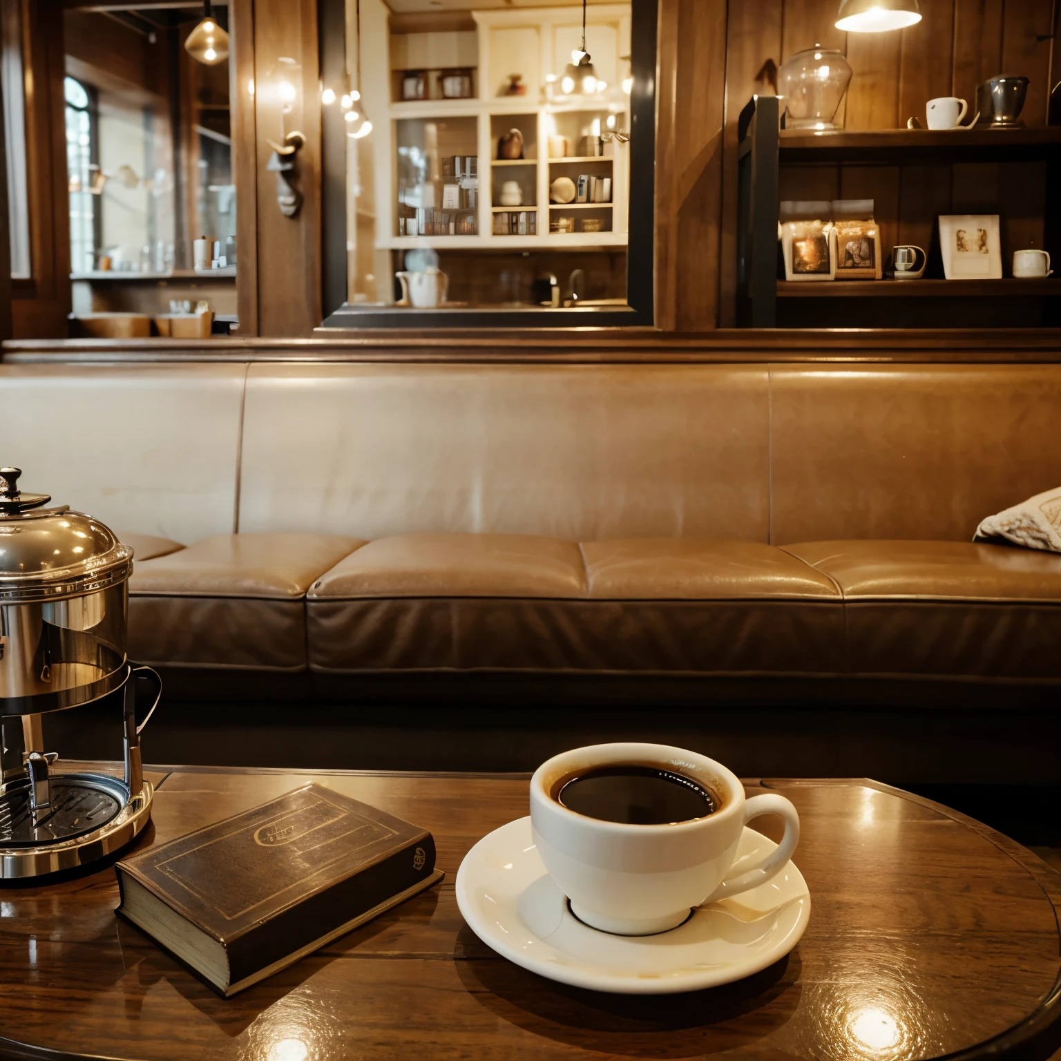 cup of coffee on a table in a fancy coffee shop, retro looking with a book on the table