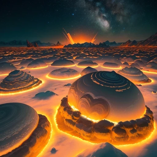 Saturn Landforms,Tilt-shift telephoto,Halogen Giant Snail God Rectangular Stone Jadeite Bright Orange Field,AD 6910,Ka Odyssey,Fire shines on ice and snow in the middle of the night,Unreal Engine,cyberpunk apocalypse,science fiction stereogram,digital 3d,CG art