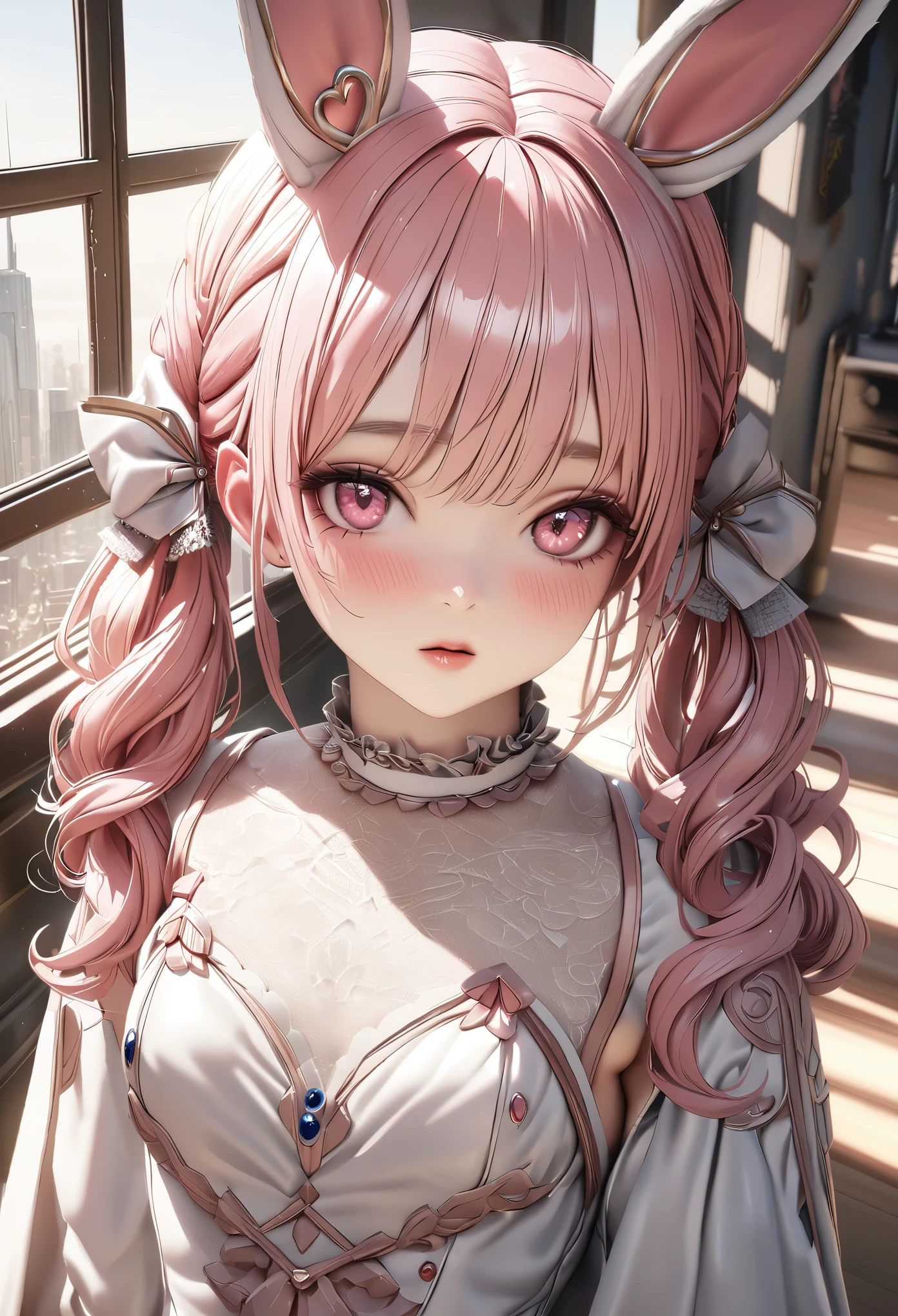 highest quality, highest quality, Super detailed, high resolution, expensive resolution, HDR, 4k, 8K, unity 8K wallpaper, expensively detailed CG, masterpiece, realistic, photorealistic, 2D, 3D, beautiful details, depth, fine texture , super fine: 1.3, Fully focused, Crispy.skin, .he,
Very cute anime girl with ピンクのお団子ツインテールヘア wearing expensive , one girl, alone, pink bun hair, animal ears, Bunny ears, mole under the eye, looking at the viewer , expensive , blush, mole, Bunny ears, parted lips, hair ornaments, heart, pink eyes, choker