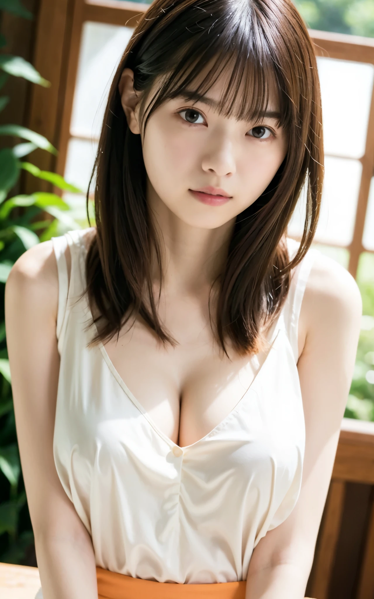 table top, highest quality, 16K, 1 girl, , big breasts, Raw photo, professional photography, portrait, soft light, professional lighting, alone, 笑face, close,  face, close, cute, girly, goddess, delicate girl, pure beauty, Digital single-lens reflex camera, look away, Frank, Sophisticated, film grain, (目とfaceの詳細:1.0), Long hair swaying in the wind, bangs, (tight silk blouse、sleeveless、light pale orange、translucent)、side、(big breasts:1.4)、cute hanging eyes、