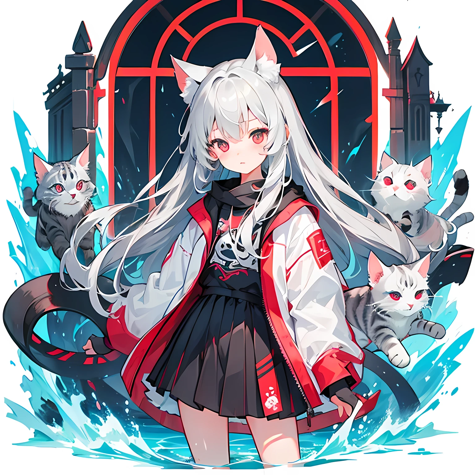 high resolution、gray hair、long hair、Clear red eyes、cute、girl、Cat