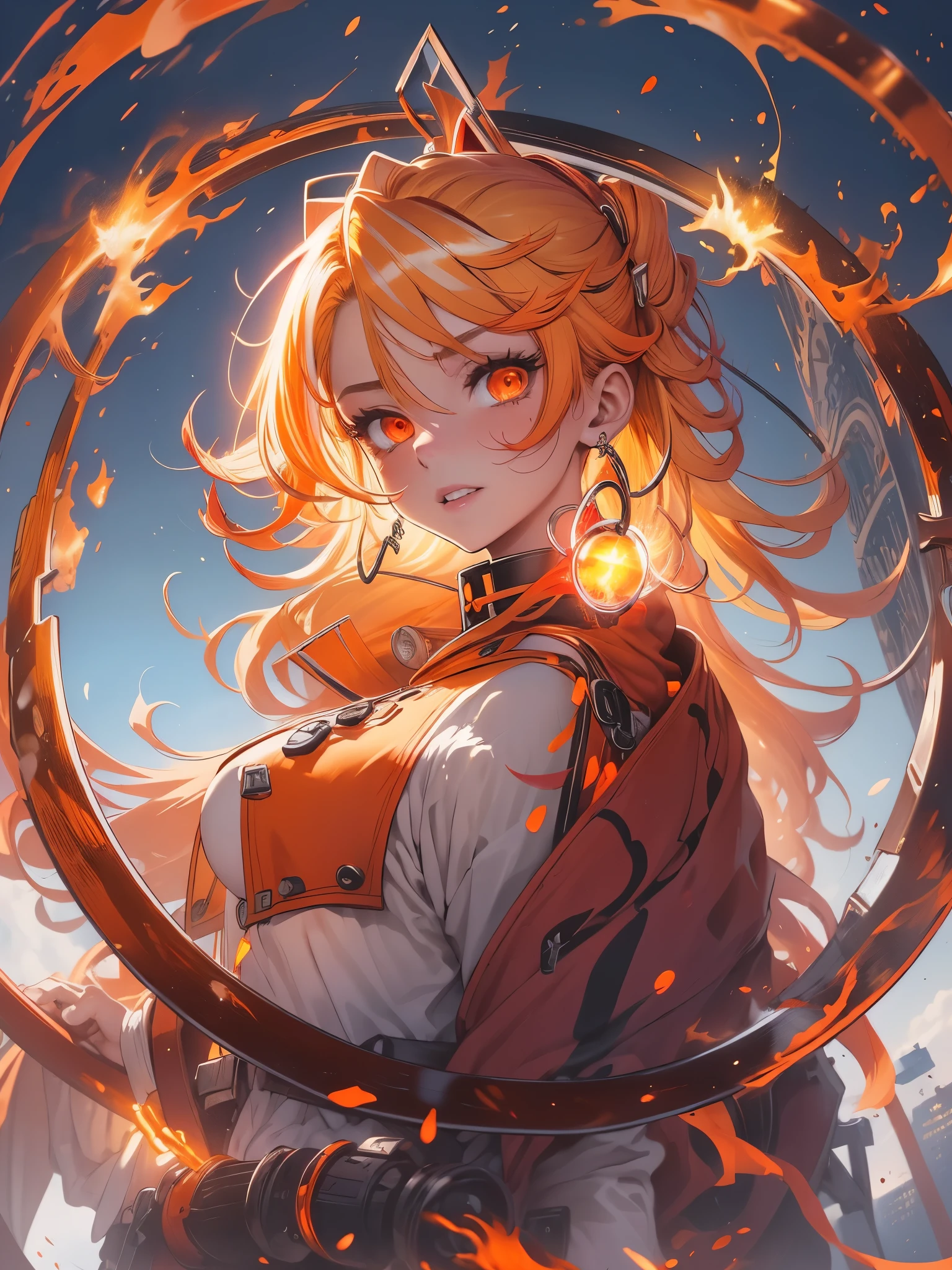 a 16 years old girl, (blonde hair gradient orange hair end:1.4), (streaked bright red hair:1.6), split long ponytail, hair strand, floating hair, (two huge red bells tied to ponytail), (Illusion red eyes), pupils sparkling, aqua eyes, ((glowing eyes)), like real eyes, orange red eyebrows, red lips, red crystal earrings, red envelope jacket, Red nails, (Red katana), (((floating flame on katana))), (absurdly super huge flame burning ring stand upright floating on the back:1.5), (((Floating in the sky of the city))), (((Floating on the clouds))), Random pose, magic circle halo, Colored grain swirl around the body, burning flame around the body, Focus on face, Futurism, anime, sparkle, ray tracing, reflection light, god rays, backlighting, (glowing light), Ultra-Wide Angle, chiaroscuro, UHD, masterpiece, super detail, best quality, highres, ccurate, retina